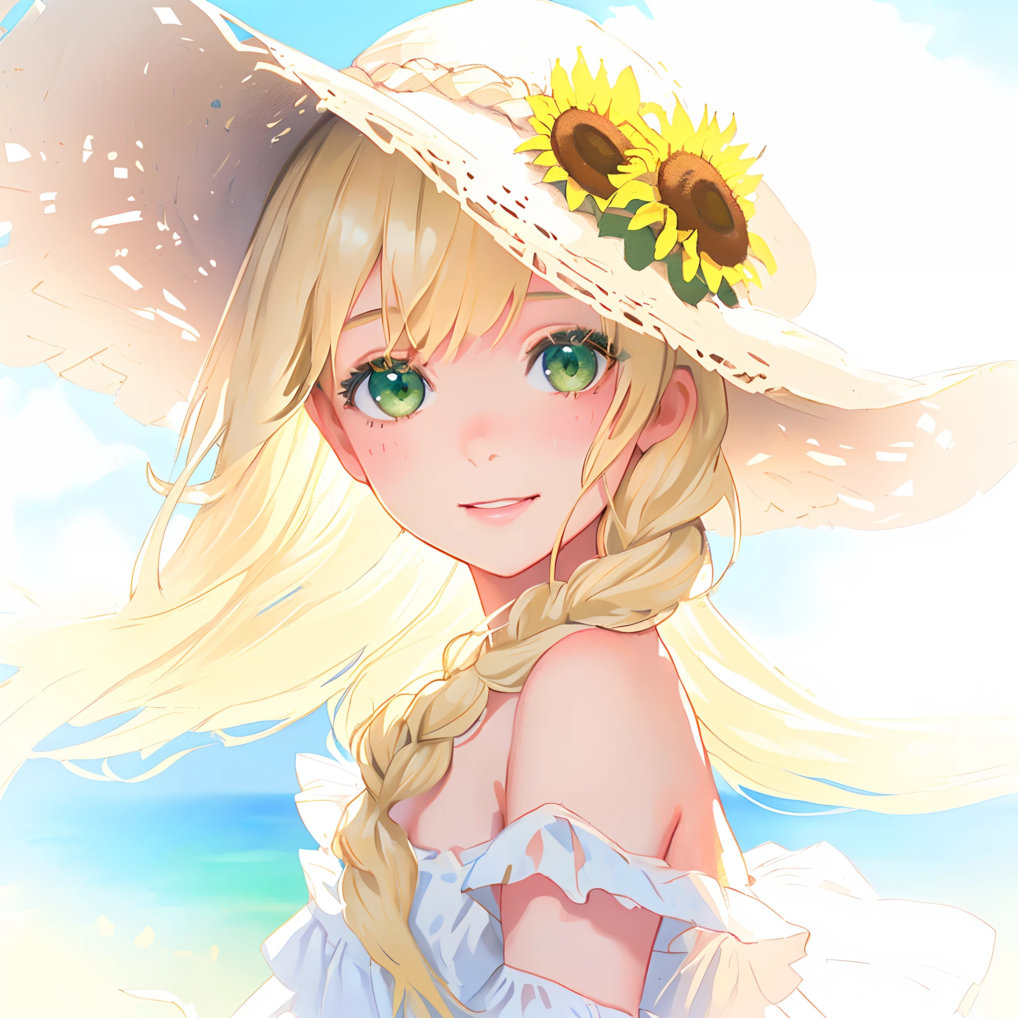 closeup portrait of girl in a (frilly plain white off-shoulder strapless sundress), (flowing blonde braided hair), green eyes, very large straw hat, sunflowers, grass, windy, smile, looking at camera, extremely detailed, best quality, beautiful, masterpiece, pastel colors, painting, high details, bokeh, depth-of-field, soft