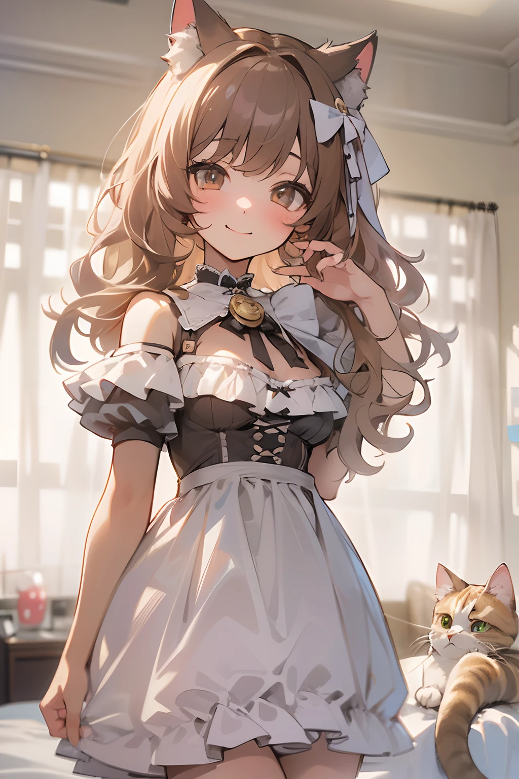 ((Masterpiece)), (High Definition:1.3), (Professional Photography:1.2), best quality, 8K, Textured skin, cinematic lighting, 1girl, wide-shot, (Cute innocent age girl), slendar and small breast, very messy medium hair, Wearing loliress, (undress small breast), blush and smile, cat ears, pale brown hair, (cute posing in the hotel room)