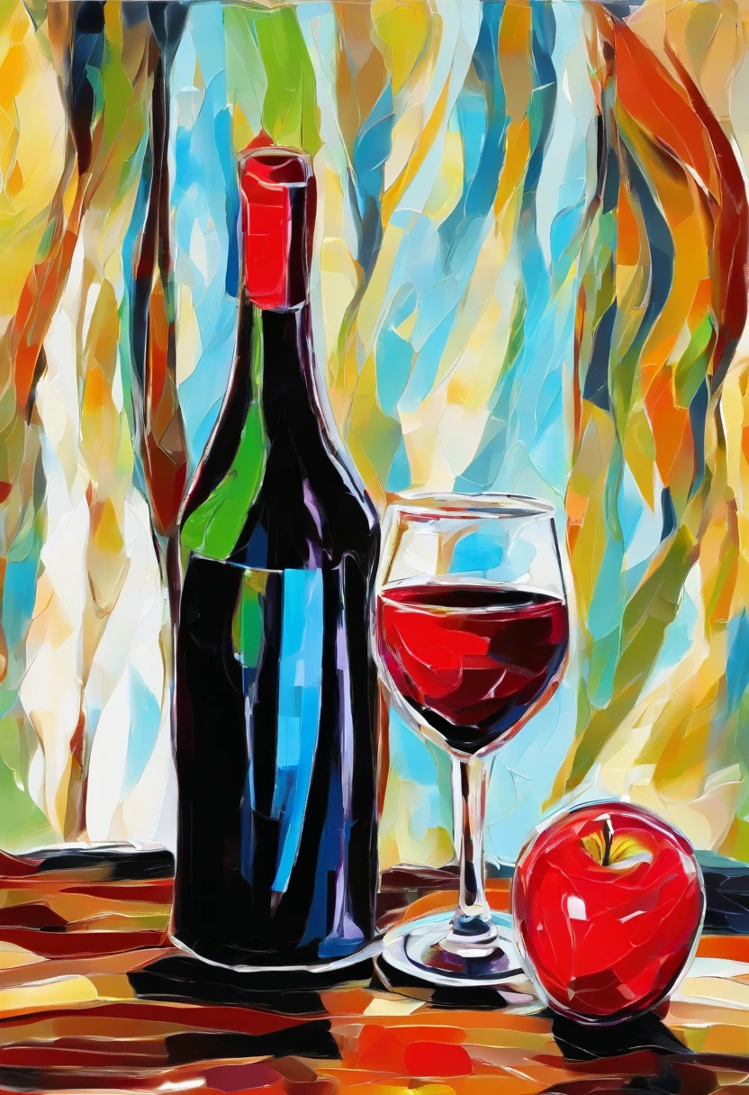 A red wine bottle and apples on the table, wine glass, window lighting , background curtains, still life impasto painting , dark background,
