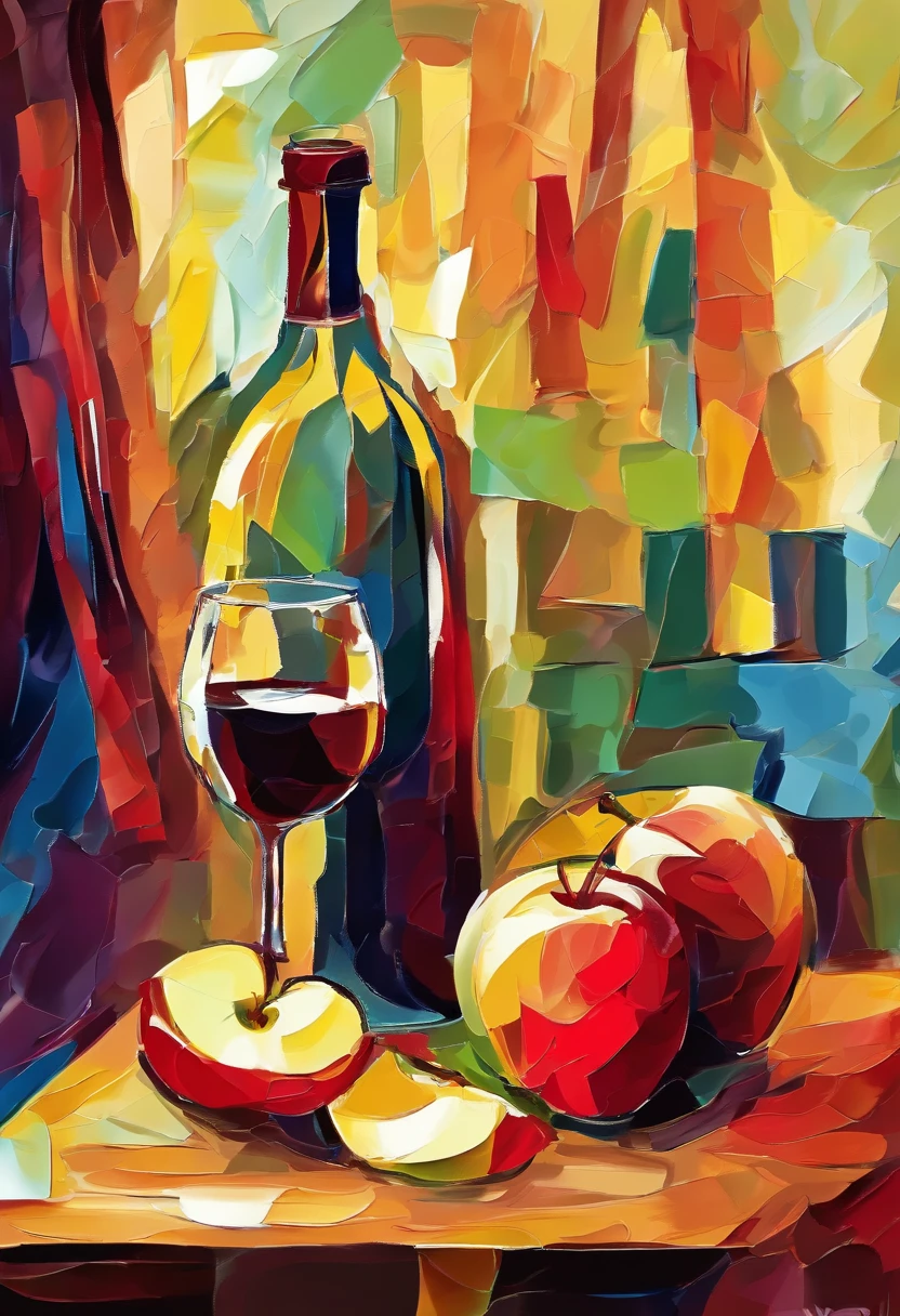 A red wine bottle and apples on the table, wine glass, window lighting , background curtains, still life impasto painting , dark background,
