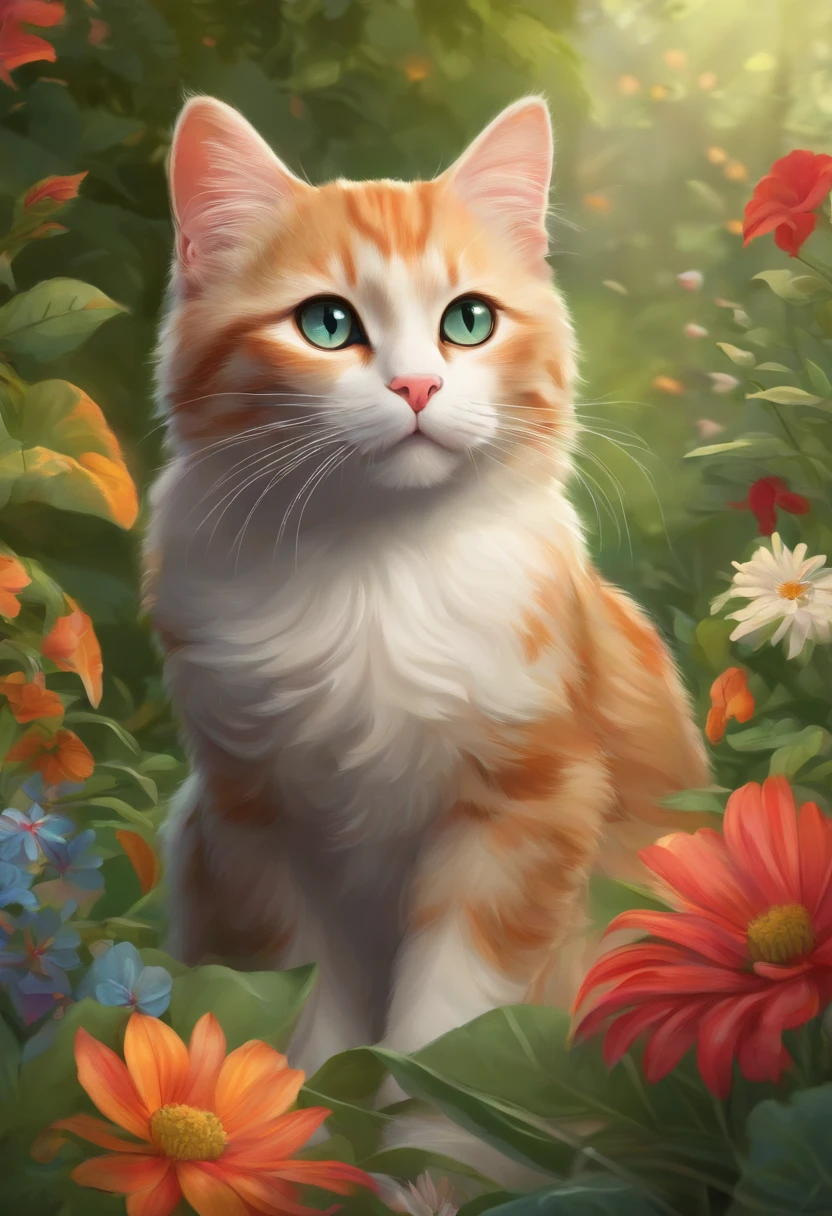 Illustration of a cute cat with bright eyes sitting in a garden with lots of flowers and leaves
