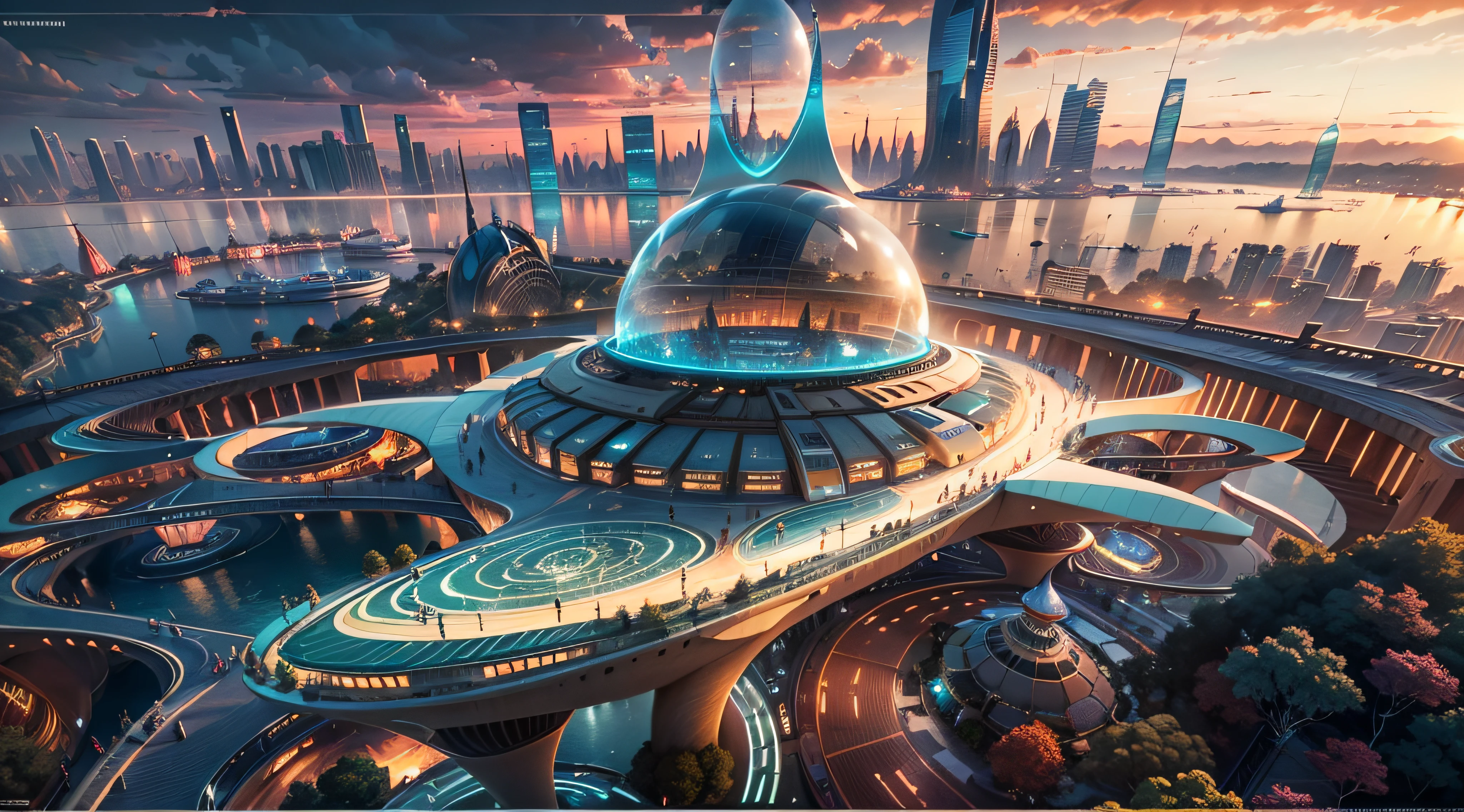 (Best quality,4K,8K,A high resolution,Masterpiece:1.2),Ultra-detailed,(Realistic,Photorealistic,photo-realistic:1.37),Futuristic floating city,Futuristic technology,Huge urban high-tech tablet platform,Airship,Floating in the sky,Futuristic city,Small airships around,High-tech hemispherical platform,Colorful lights,Advanced architecture,modernn architecture,skyscrapper,Access the cloud,Scenic beauty,view over city,Impressive design,Blend seamlessly with nature,energetic and vibrant atmosphere,Futuristic transportation system,Parking is suspended,Transparent path,Lush greenery,Sky gardens,cascading waterfalls,Magnificent skyline,reflections on the water,Sparkling river,Architectural innovation,futuristic skyscrapers,Transparent dome,The shape of the building is unusual,Elevated walkway,Impressive skyline,Glowing lights,Futuristic technology,Minimalist design,Scenic spots,Panoramic view,Cloud Piercing Tower,Vibrant colors,epic sunrise,epic sunset,Dazzling light display,magical ambiance,The future city,Urban Utopia,LuxuryLifestyle,Innovative energy,sustainable development,Smart city technology,Advanced infrastructure,Tranquil atmosphere,Nature and technology live in harmony,Awesome cityscape,Unprecedented urban planning,Architecture connects seamlessly with nature,High-tech metropolis,A cutting-edge engineering marvel,The future of urban living,Visionary architectural concept,Energy-efficient buildings,Harmony with the environment,A city floating above the clouds,Utopian dreams become reality,The possibilities are endless,State-of-the-art transportation network,Green energy integration,Innovative materials,Impressive holographic display,Advanced communication system,Breathtaking aerial view,Quiet and peaceful environment,Modernist aesthetics,Ethereal beauty