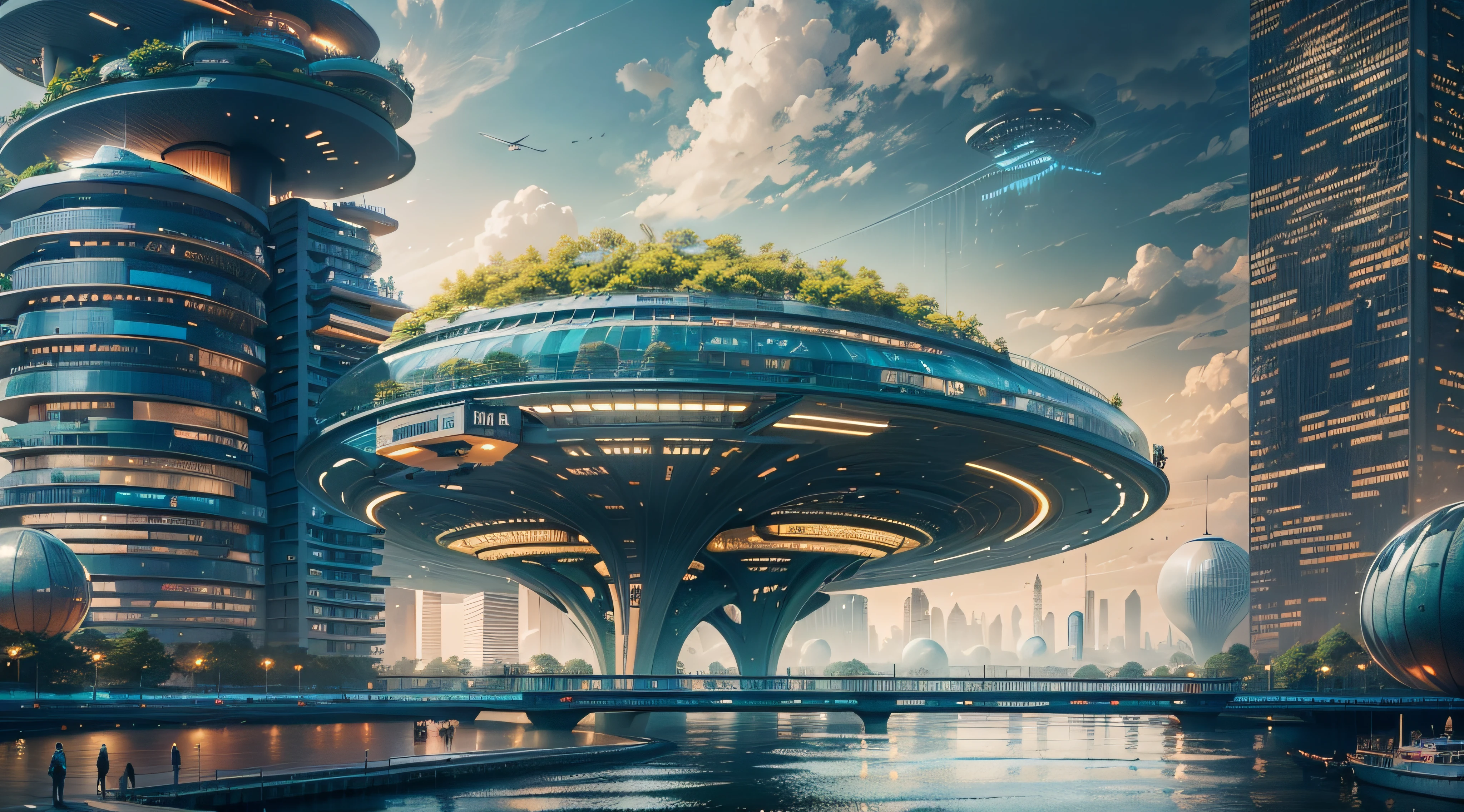 (Best quality,4K,8K,A high resolution,Masterpiece:1.2),Ultra-detailed,(Realistic,Photorealistic,photo-realistic:1.37),Futuristic floating city,Futuristic technology,Huge urban high-tech tablet platform,Airship,Floating in the sky,Futuristic city,Small airships around,High-tech hemispherical platform,Colorful lights,Advanced architecture,modernn architecture,skyscrapper,Access the cloud,Scenic beauty,view over city,Impressive design,Blend seamlessly with nature,energetic and vibrant atmosphere,Futuristic transportation system,Parking is suspended,Transparent path,Lush greenery,Sky gardens,cascading waterfalls,Magnificent skyline,reflections on the water,Sparkling river,Architectural innovation,futuristic skyscrapers,Transparent dome,The shape of the building is unusual,Elevated walkway,Impressive skyline,Glowing lights,Futuristic technology,Minimalist design,Scenic spots,Panoramic view,Cloud Piercing Tower,Vibrant colors,epic sunrise,epic sunset,Dazzling light display,magical ambiance,The future city,Urban Utopia,LuxuryLifestyle,Innovative energy,sustainable development,Smart city technology,Advanced infrastructure,Tranquil atmosphere,Nature and technology live in harmony,Awesome cityscape,Unprecedented urban planning,Architecture connects seamlessly with nature,High-tech metropolis,A cutting-edge engineering marvel,The future of urban living,Visionary architectural concept,Energy-efficient buildings,Harmony with the environment,A city floating above the clouds,Utopian dreams become reality,The possibilities are endless,State-of-the-art transportation network,Green energy integration,Innovative materials,Impressive holographic display,Advanced communication system,Breathtaking aerial view,Quiet and peaceful environment,Modernist aesthetics,Ethereal beauty