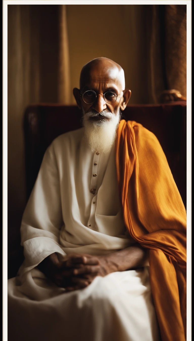 The Mahatma Gandhi looked at the screen, Long clothes, religion, Ultra photo realsisim