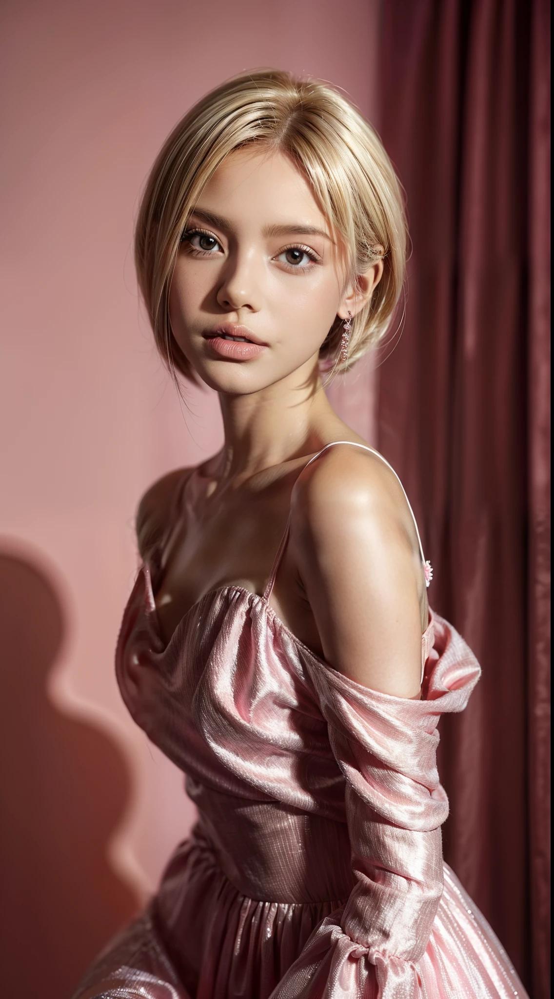 Menina loira fofa, Estilo barbie. vestido rosa, cenario de doces, cabelo comprido, blonde short hair, midshot, centered image, ultra detail, extremely face detail, extremely eye detail