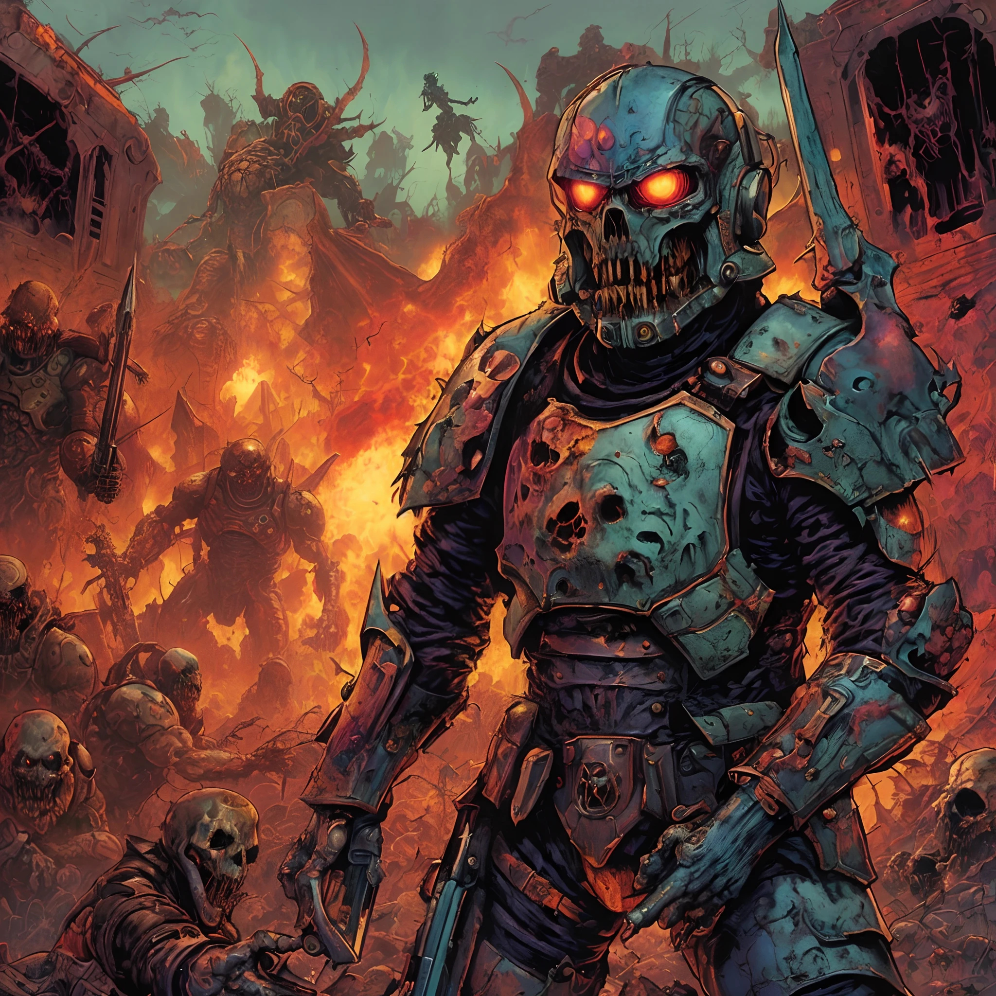 a painting of a man in a suit with a gun in his hand, fantasy art of doom slayer, apocalypse art!!!!, heavy metal comic cover art, ( ( ( ( ( dan mumford ) ) ) ) ), josan gonzales and dan mumford, zombie from doom eternal, warhammer 4 0 k artwork, epic full color illustration, doom slayer from doom eternal, apocalypse art