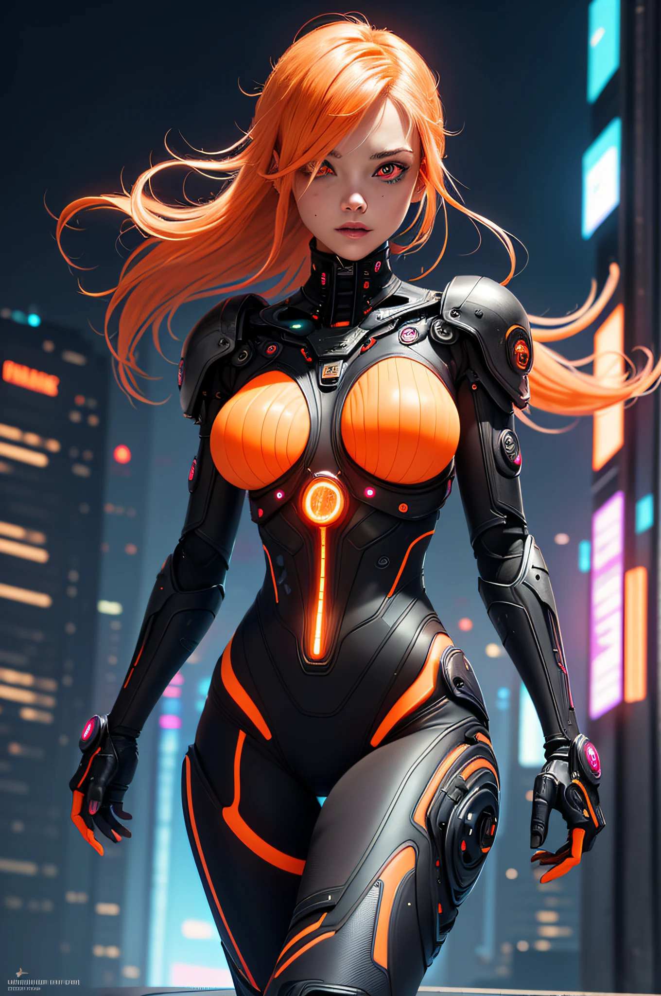 (sfw), intricate details, 1girl, night, (bright neon colors), ((flying over futuristic cyberpunk city)), detailed background, (petite cyborg girl, ((cute perfect face, bright glowing red eyes)), (perfect anatomy, perky breasts), (absurdly long gradient orange and white hair, hair blowing in the wind)), detailed ribbed impossible bodysuit, shoulder armor, cybernetic limbs, dynamic angle,