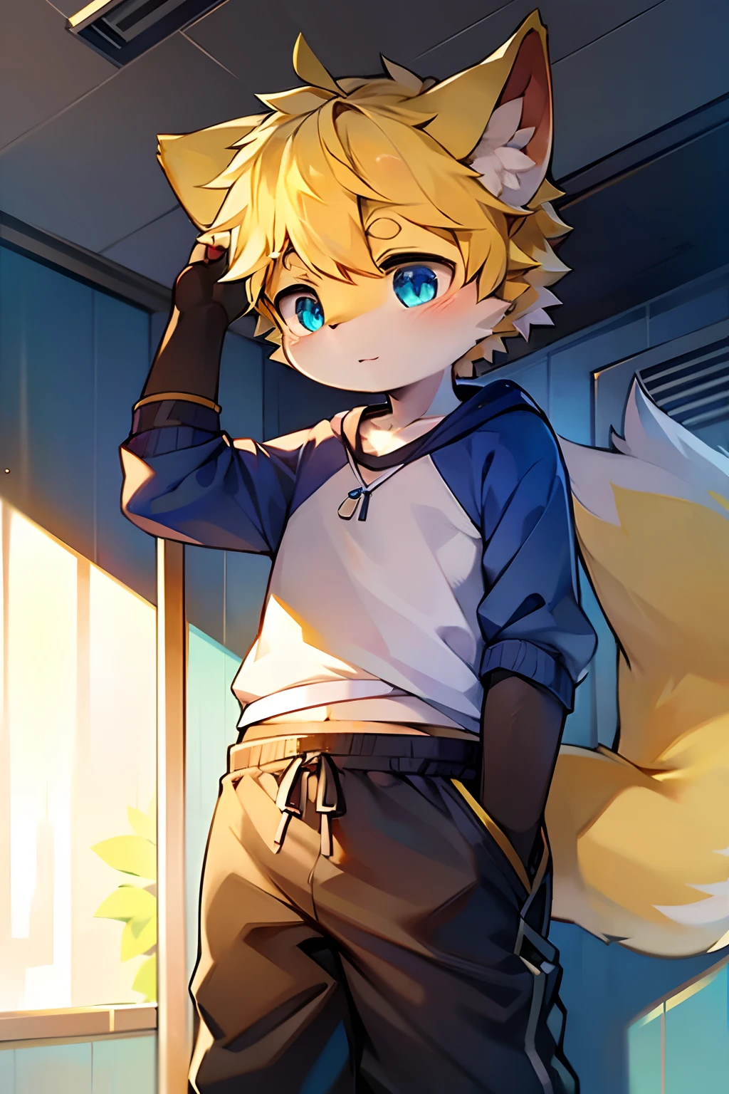 Blue pupils, Light yellow fluffy body, Fluffy cat tail, Boy cat,Point yellow hair,Wear casual clothing,shorter pants,Stand on the bus,The hand that holds the armrest,Exquisite wallpapers,Very cute,The popular style of the P station,One role solo,Light yellow furry legs,Shotai style,There are some cute pictures printed on the clothes,Inner eight characters,Blushlush