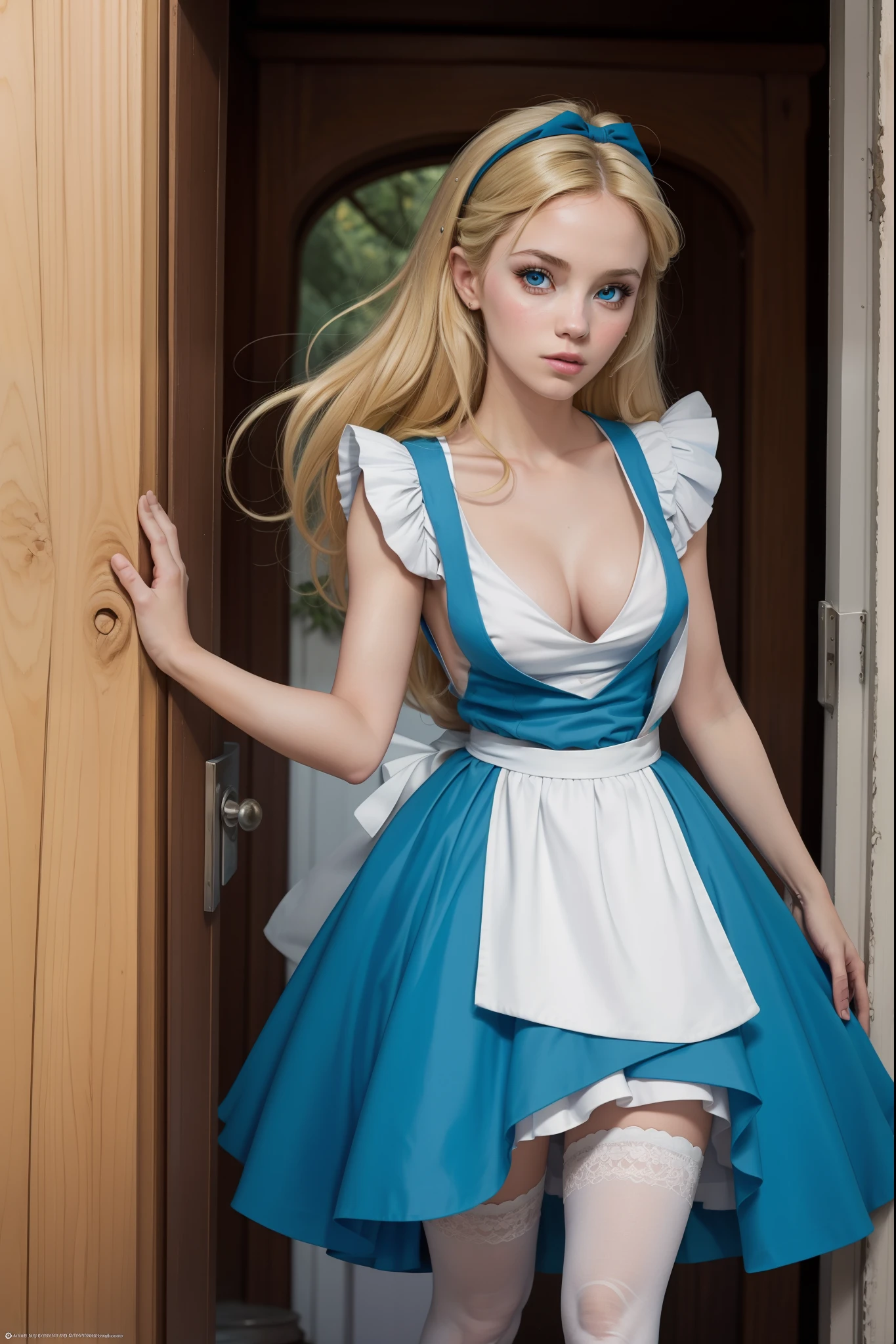masterpiece, 1girl, solo, make her a sexy Alice in Wonderland with blonde hair, powder blue dress with white apron, white stockings, cleavage, dynamic, ultra high def, 32k, (perfect anatomy:1.5), perfect legs, in the style of Artgerm and Adam Hughes, perfect arms, downblouse