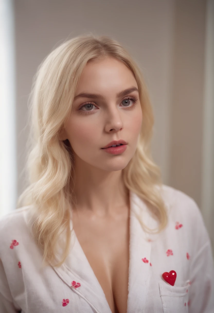 blonde girl in pyjamas in the bathroom, girl with big boobs, girl licks a lollipop