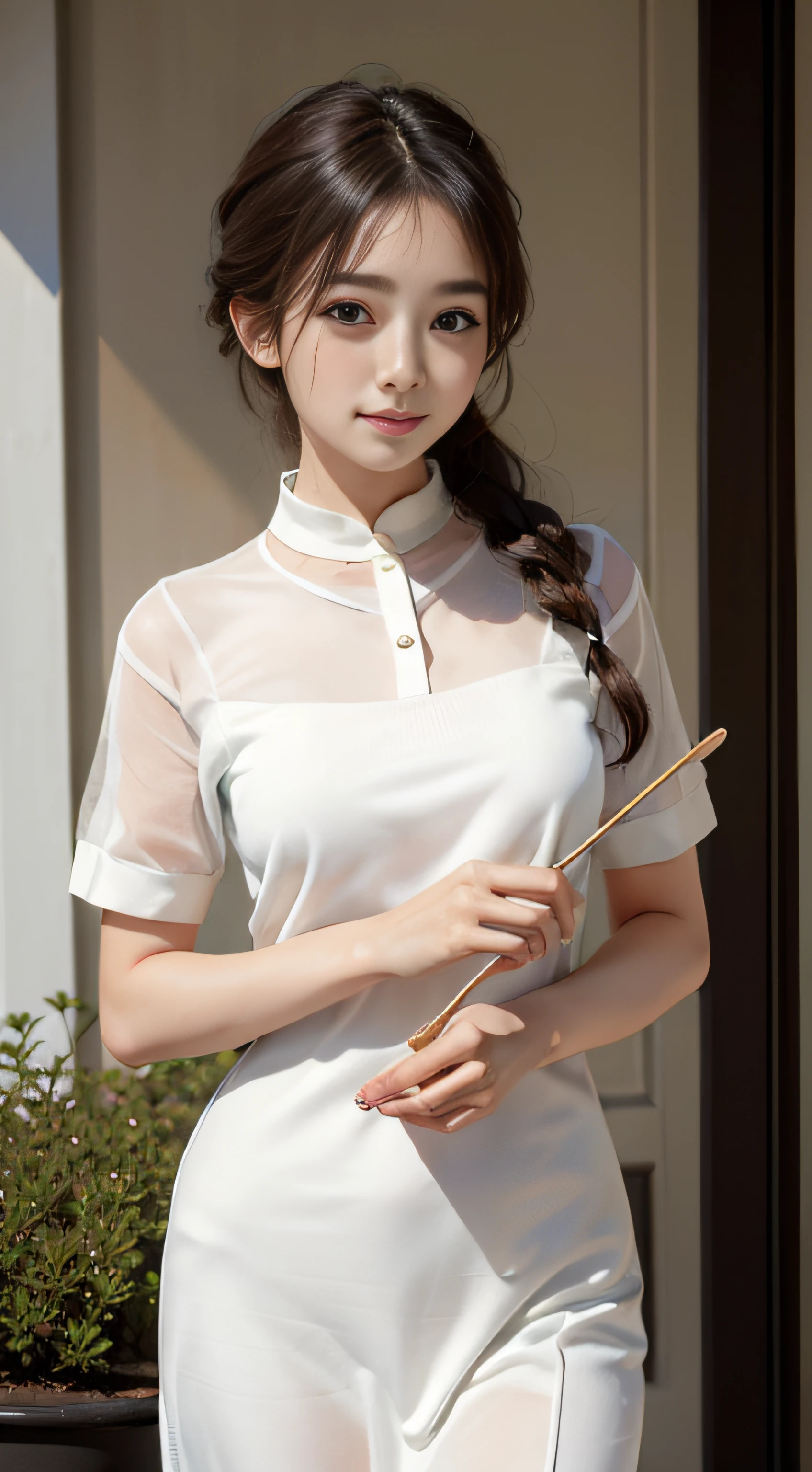 ​masterpiece、Top image quality:1.2、((beautiful young woman with))、Transparent skin:1.2、{A slight smil}、(kawaii)、Short sleeve knit、luxury hotel、depth of fields