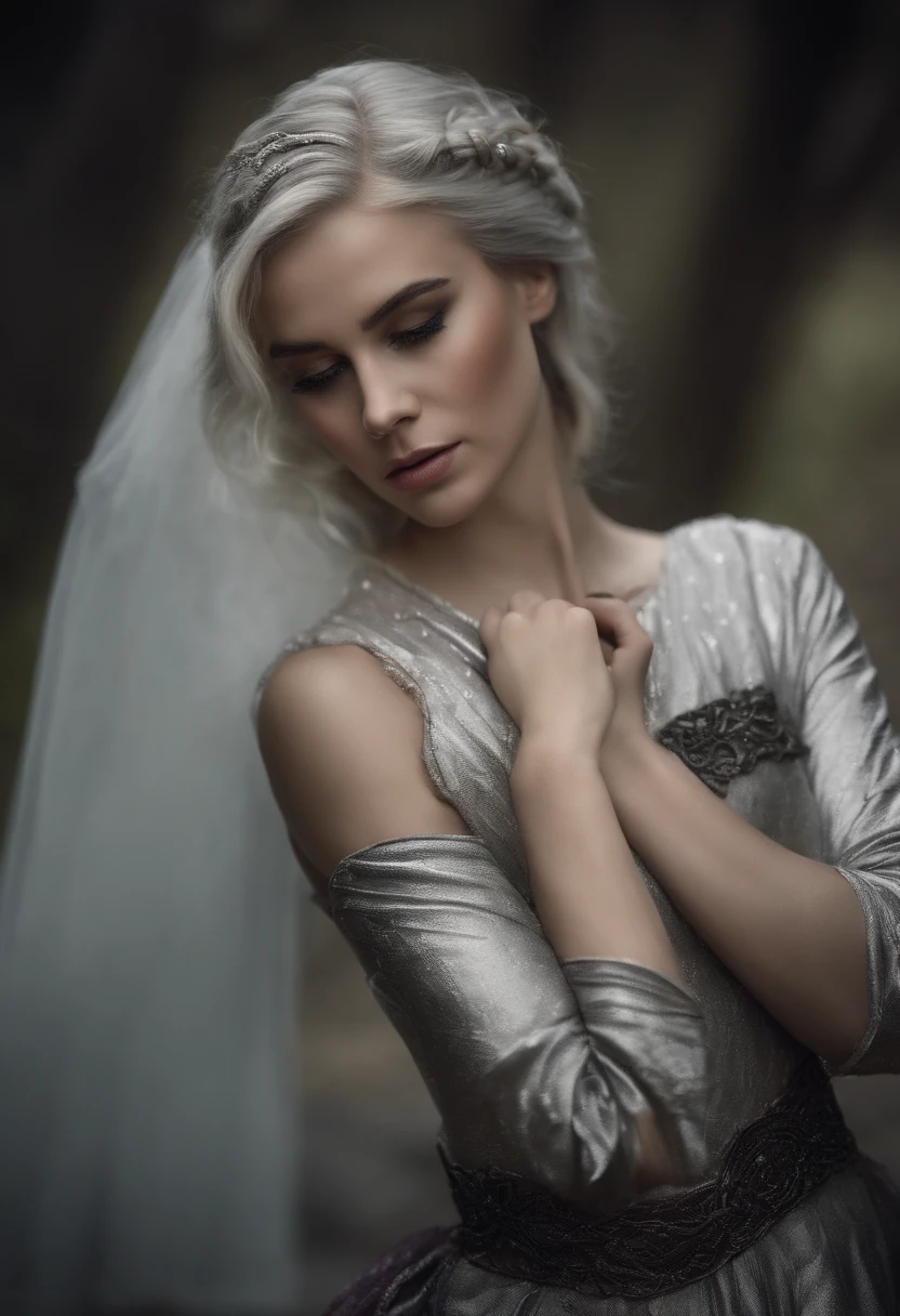 1 girl, with silver hair, white face, braided hair, violet eyes, fox eyes, standing, black victoria dress, dark vibe, beautiful eyes, innocent, big dragon with black-purple scale on her back, Targaryen beauty, Valyrian beauty