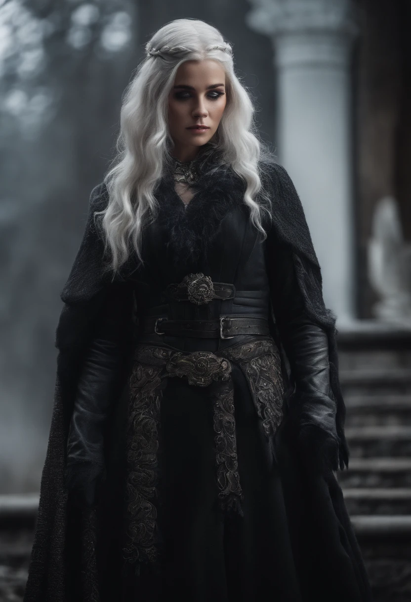 1 girl, with silver hair, white face, braided hair, violet eyes, fox eyes, standing, black victoria dress, dark vibe, beautiful eyes, innocent, big dragon with black-purple scale on her back, Targaryen beauty, Valyrian beauty