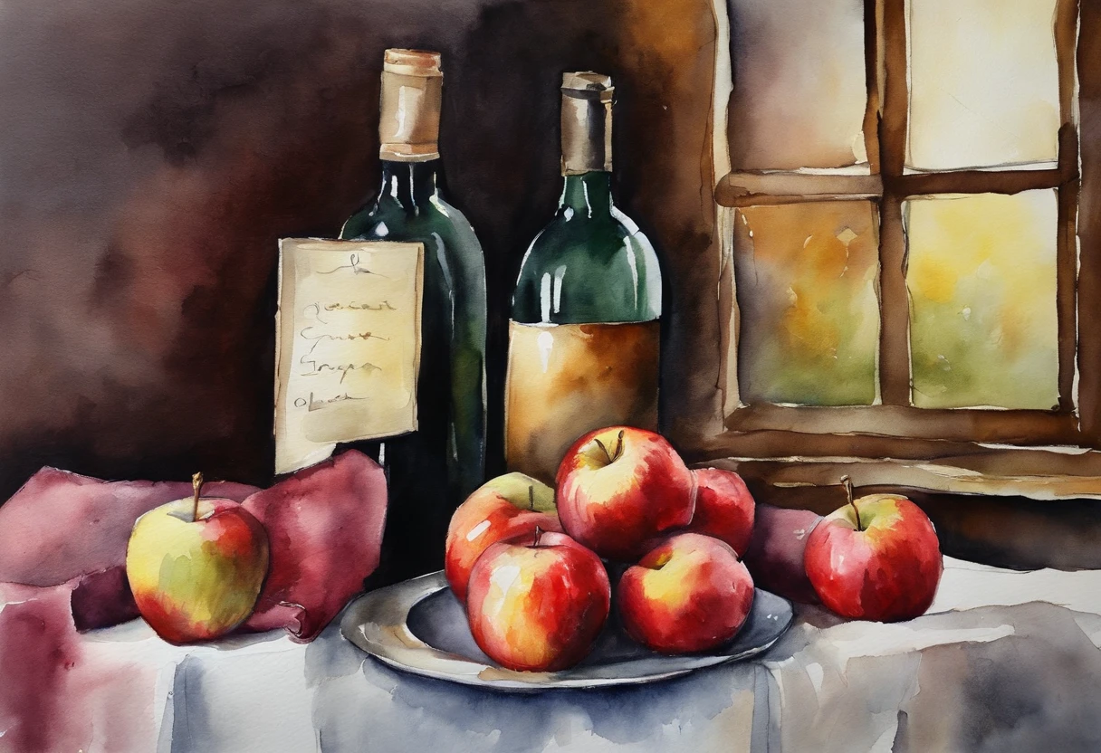 A red wine bottle and apples on the table, wine glass, window lighting , background curtains, still life impasto painting , dark background,