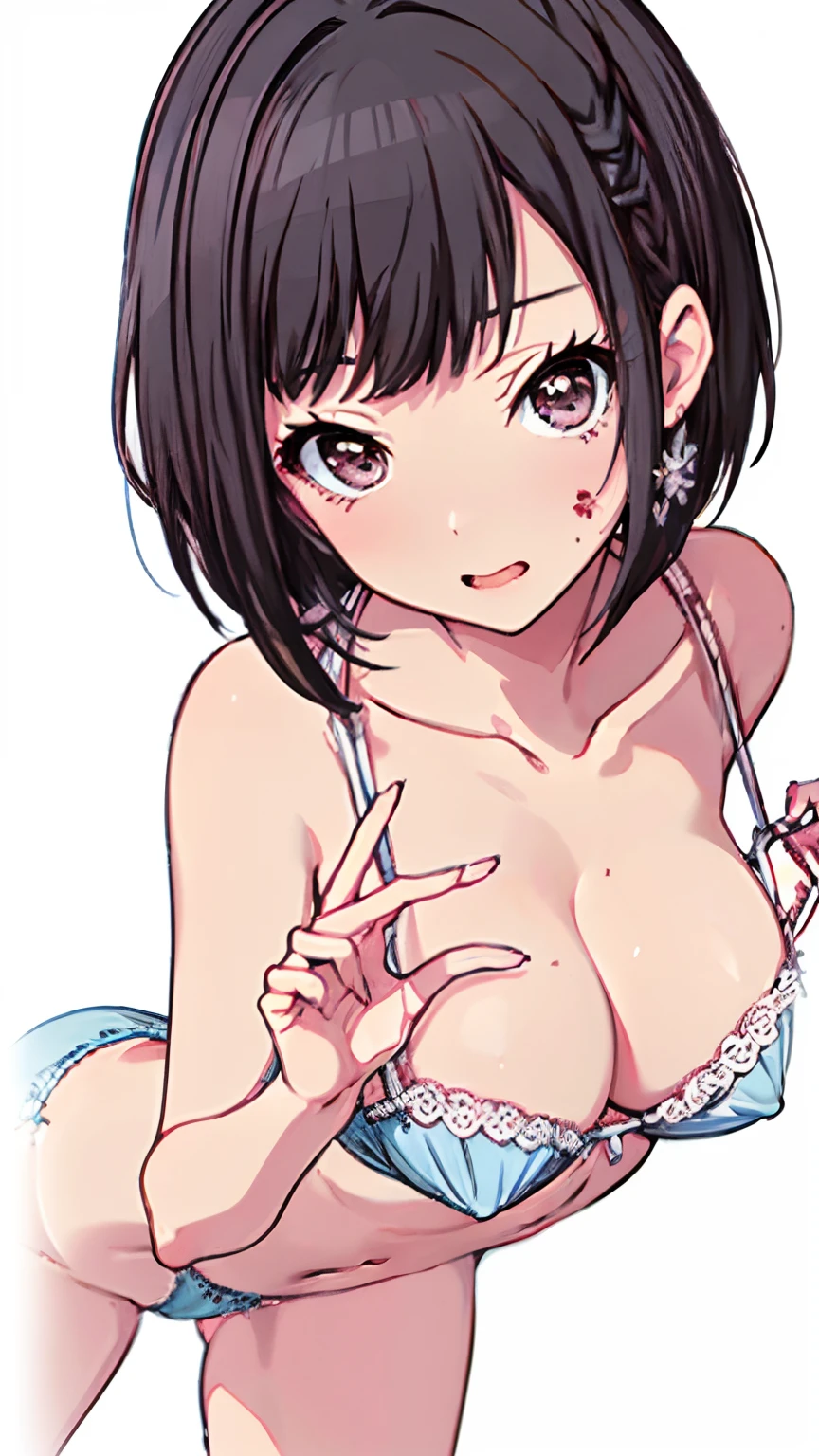 (Light blue underwear Unhook the bra Gravure Pose Very detailed down to the smallest detail clear outlines Beautiful face Beautiful skin) thin-waist A slender ribbed skinny limbs teats cleavage of the breast Beautiful breasts a short bob Uterine mouth Beautiful fingertips Pink Nails Anime style