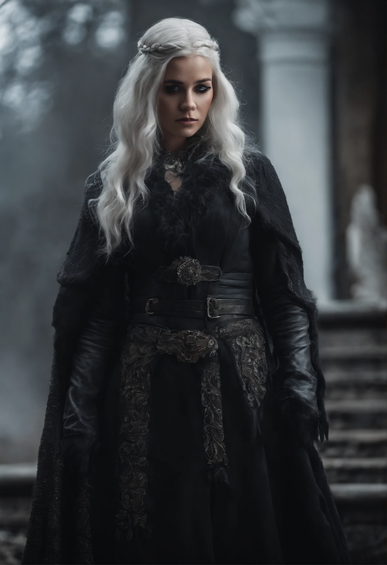1 girl, with silver hair, white face, braided hair, violet eyes, fox eyes, standing, black victoria dress, dark vibe, beautiful eyes, innocent, big dragon with black-purple scale on her back, Targaryen beauty, Valyrian beauty
