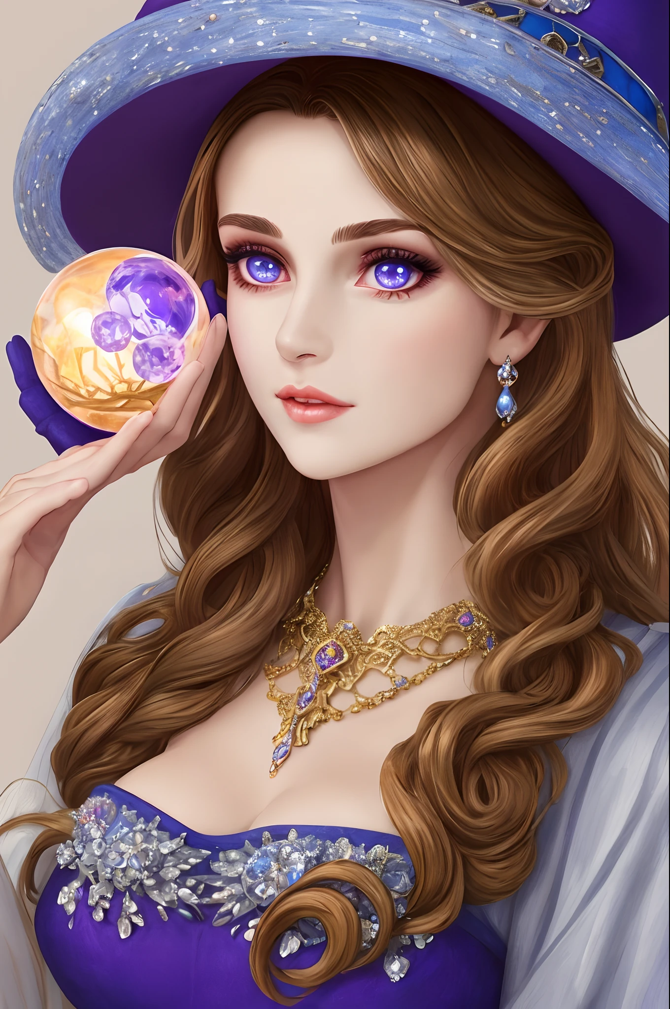 tmasterpiece,Highest high resolution,((magic orb)),Dynamic bust of beautiful aristocratic maiden,Brown chestnut hair elegantly coiled,((Wearing a huge blue hat)),Purple clear eyes,The hair is covered with beautiful and delicate floral craftsmanship, Crystal jewelry filigree,Ultra-detailed details,upscaled,The earth rises。
