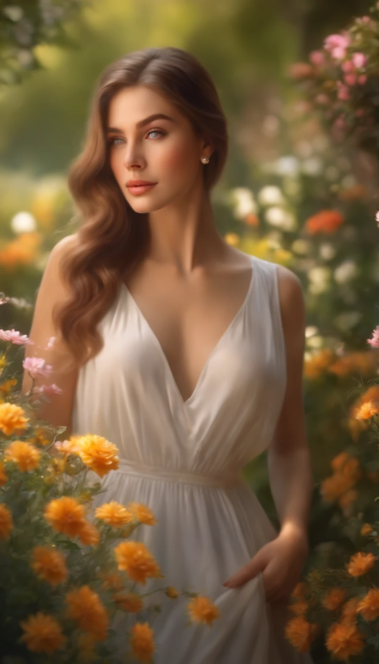 A beautiful girl in a garden, detailed eyes and lips, detailed hair, pastel colors, vibrant flowers, soft sunlight, natural environment, nature-inspired painting, medium: oil painting, (best quality, 4k, 8k, highres, masterpiece:1.2), ultra-detailed, (realistic, photorealistic, photo-realistic:1.37), HDR, UHD, studio lighting, ultra-fine painting, sharp focus on mouth, physically-based rendering, extreme detail description, professional, vivid colors, bokeh, portraits, landscape