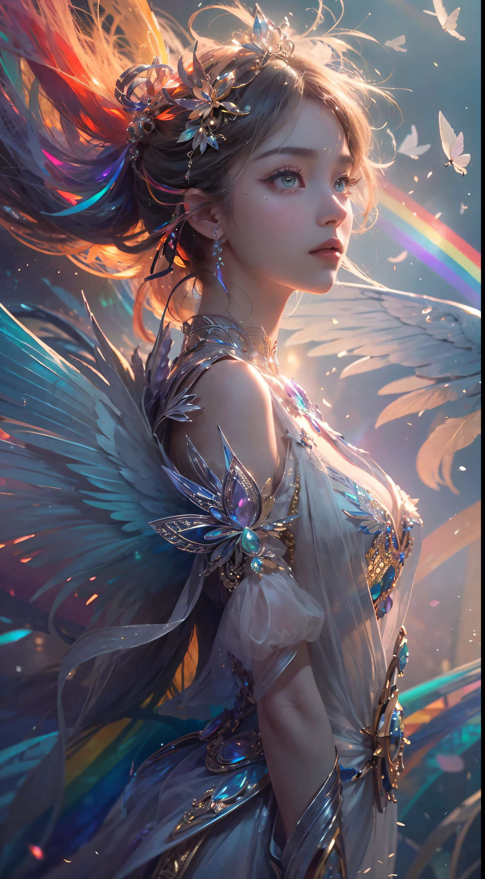 (((masterpiece))), (((best quality))), ((ultra-detailed)),(highly detailed CG illustration), ((an extremely delicate and beautiful)),cinematic light, Create a stunning fantasy artwork that mimics the style of currently trending masters of the genre. The art piece should contain elements of both mythic fantasy and fairytale fantasy with dreamy rainbow accents. ((Utilize the rainbow as the main color scheme.)) The character in the artwork is a delicate but strong petite figure with an aura of mystery and magic and (beautiful translucent rainbow wings). Pay close attention to intricate facial features, such as mesmerizing eyes with vibrant colors and bold shading. The character's clothing should be designed with gossamer feathers, silk, stunning embroidery, and subtle iridescent details. Incorporate (((translucent rainbows))), dreamy colors, dynamic lighting, and detailed background elements to create a sense of awe and immersion. Include colorful flying magical birds and jewel-toned rainbow butterflies radiating a magical aura. Consider the latest trends in fantasy art, such as incorporating unique lighting effects, exploring dynamic and compelling composition techniques, and experimenting with unique color palettes. Take inspiration from the top artists on ArtStation and Midjourney. Camera: Choose an angle that highlights the character's beauty and enhances the magical majesty of the artwork. Lighting: Utilize atmospheric lighting techniques to create depth and mood. Resolution: Aim for a high-resolution artwork to showcase intricate details and clarity. Art Inspirations: Seek inspiration from the trending artists on ArtStation, exploring different styles, genres, and themes,(8K, RAW photo, highest quality),Realistic,facade,Intricate detail,Extremely detailed eyes and eyelashes,Portrait,Close-up,, digital SLR camera, super quality, Fujifilm realistic, vivid details, surreal, beautiful wallpapers, 8k, best quality, masterpiece, extremely detailed, pc graphics, unity,