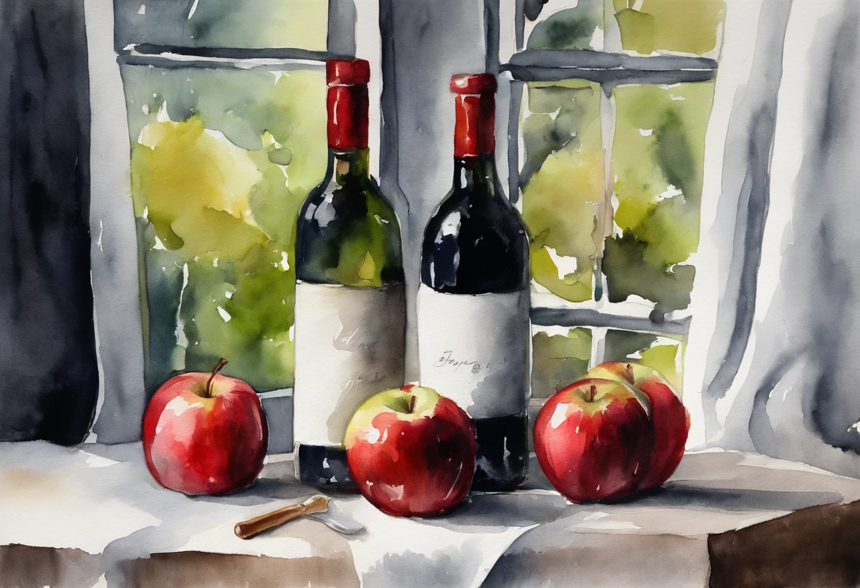 A red wine bottle and apples on the table, wine glass, window lighting , background curtains, still life impasto painting , dark background,