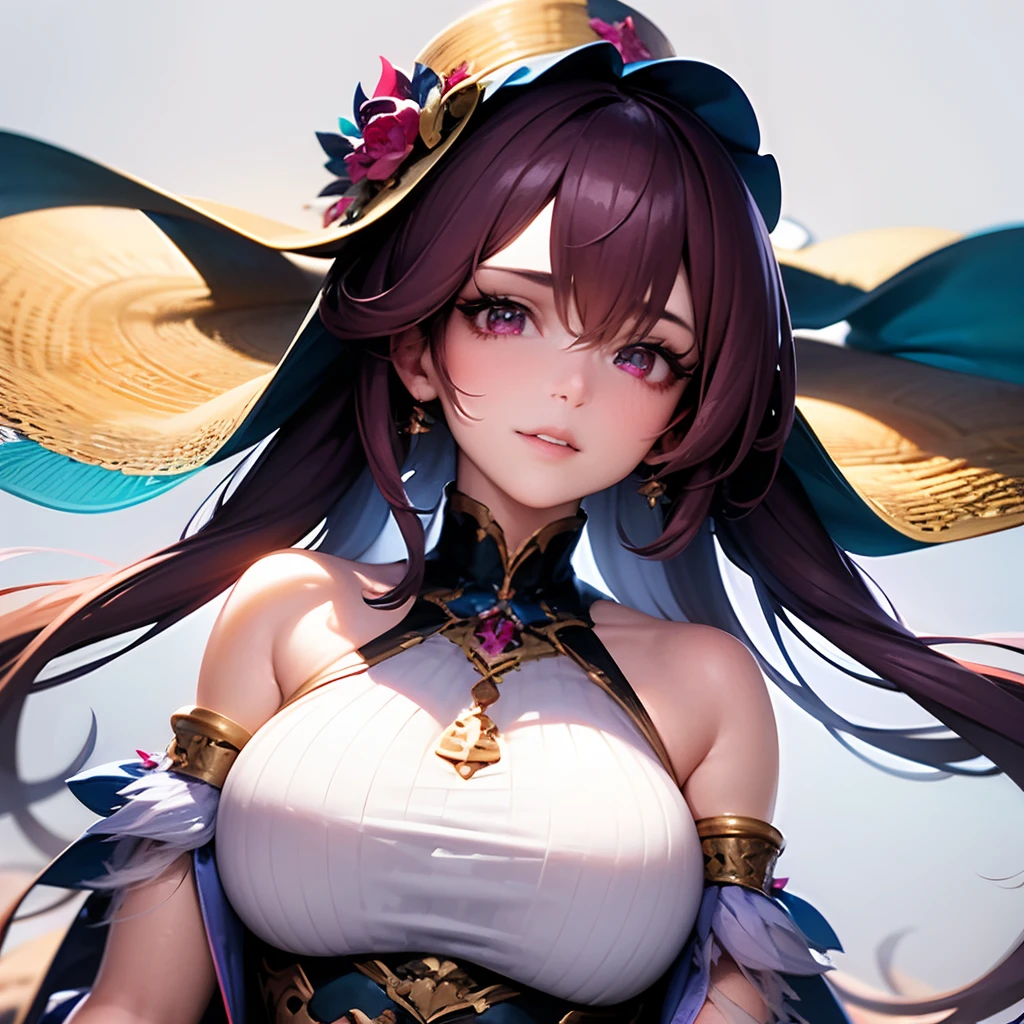 tmasterpiece，Highest high resolution，((magic orb))，Dynamic bust of beautiful aristocratic maiden，Brown chestnut hair elegantly coiled，（(Wearing a huge blue hat))，Purple clear eyes，The hair is covered with beautiful and delicate floral craftsmanship, Crystal jewelry filigree，Ultra-detailed details，upscaled，The earth rises。