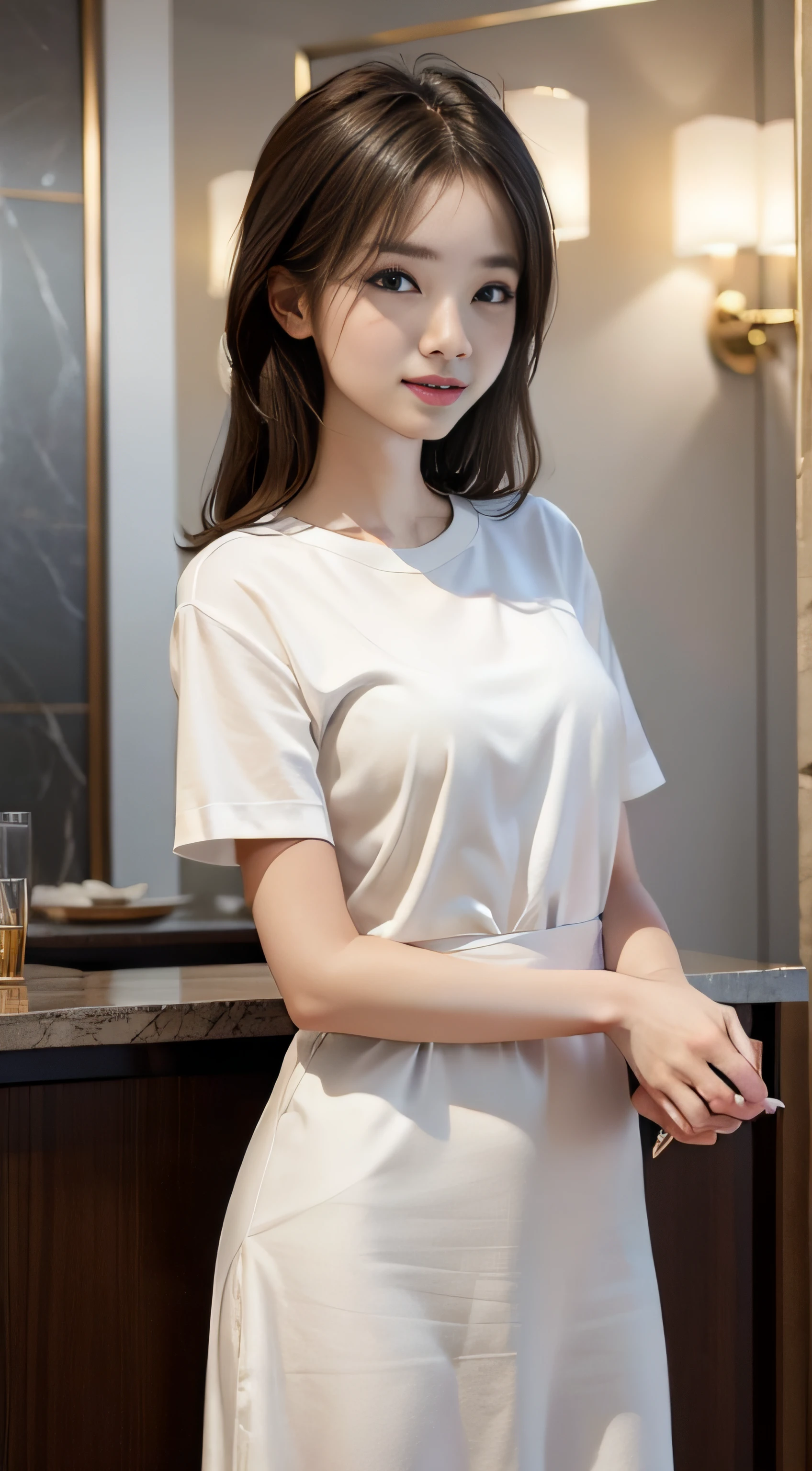 masterpiece、Top image quality:1.2、((beautiful young woman with))、Transparent skin:1.2、{A slight smil}、(kawaii)、Short sleeve knit、luxury hotel、depth of fields