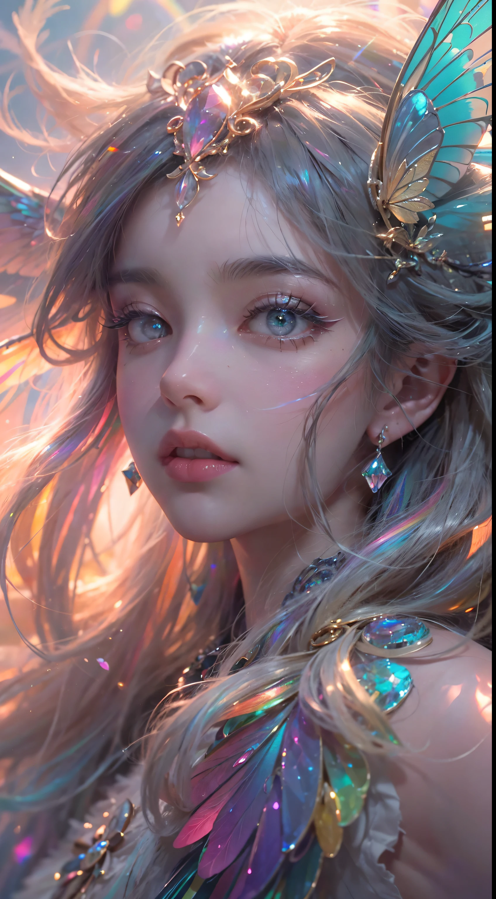 (Best quality, 4k, High-resolution, Masterpiece:1.2), Ultra-detailed, Realistic, Radiant lighting, Epoch Elves, White Hair, Dodger Blue Eyes, Fantastical colors, Fine art, Ethereal beings, Dreamlike, Whimsical creatures, Detailed facial features, Glowing eyes, Elven beauties, Perfect Body, Large Breasts, Ethereal glow, Mythical creatures, Harmonious composition, Dazzling colors, Stunning visual effects, Otherworldly appearance, Mesmerizing artistry, Beautiful Smile, Eye Contact, Transparent Dress, Close up Body, No Blur Filter