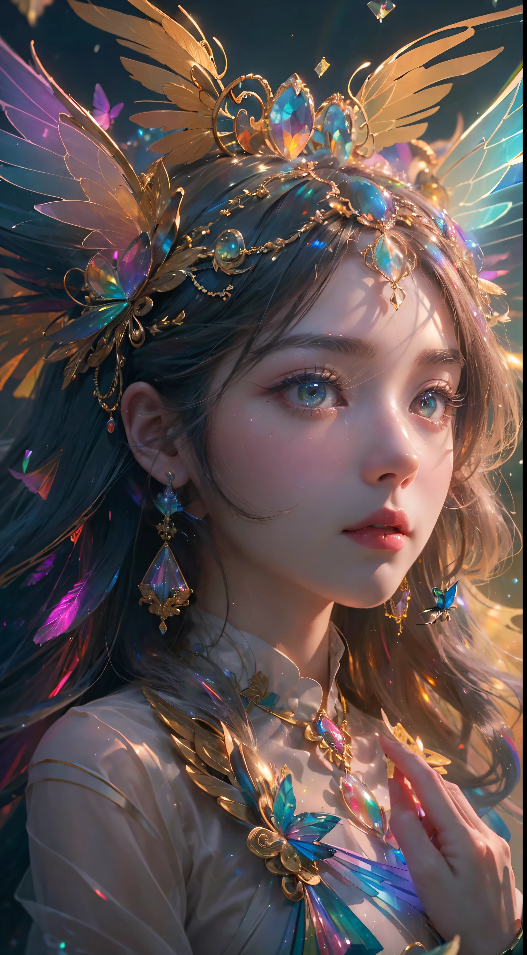(((masterpiece))), (((best quality))), ((ultra-detailed)),(highly detailed CG illustration), ((an extremely delicate and beautiful)),cinematic light, Create a stunning fantasy artwork that mimics the style of currently trending masters of the genre. The art piece should contain elements of both mythic fantasy and fairytale fantasy with dreamy rainbow accents. ((Utilize the rainbow as the main color scheme.)) The character in the artwork is a delicate but strong petite figure with an aura of mystery and magic and (beautiful translucent rainbow wings). Pay close attention to intricate facial features, such as mesmerizing eyes with vibrant colors and bold shading. The character's clothing should be designed with gossamer feathers, silk, stunning embroidery, and subtle iridescent details. Incorporate (((translucent rainbows))), dreamy colors, dynamic lighting, and detailed background elements to create a sense of awe and immersion. Include colorful flying magical birds and jewel-toned rainbow butterflies radiating a magical aura. Consider the latest trends in fantasy art, such as incorporating unique lighting effects, exploring dynamic and compelling composition techniques, and experimenting with unique color palettes. Take inspiration from the top artists on ArtStation and Midjourney. Camera: Choose an angle that highlights the character's beauty and enhances the magical majesty of the artwork. Lighting: Utilize atmospheric lighting techniques to create depth and mood. Resolution: Aim for a high-resolution artwork to showcase intricate details and clarity. Art Inspirations: Seek inspiration from the trending artists on ArtStation, exploring different styles, genres, and themes,(8K, RAW photo, highest quality),Realistic,facade,Intricate detail,Extremely detailed eyes and eyelashes,Portrait,Close-up,, digital SLR camera, super quality, Fujifilm realistic, vivid details, surreal, beautiful wallpapers, 8k, best quality, masterpiece, extremely detailed, pc graphics, unity,