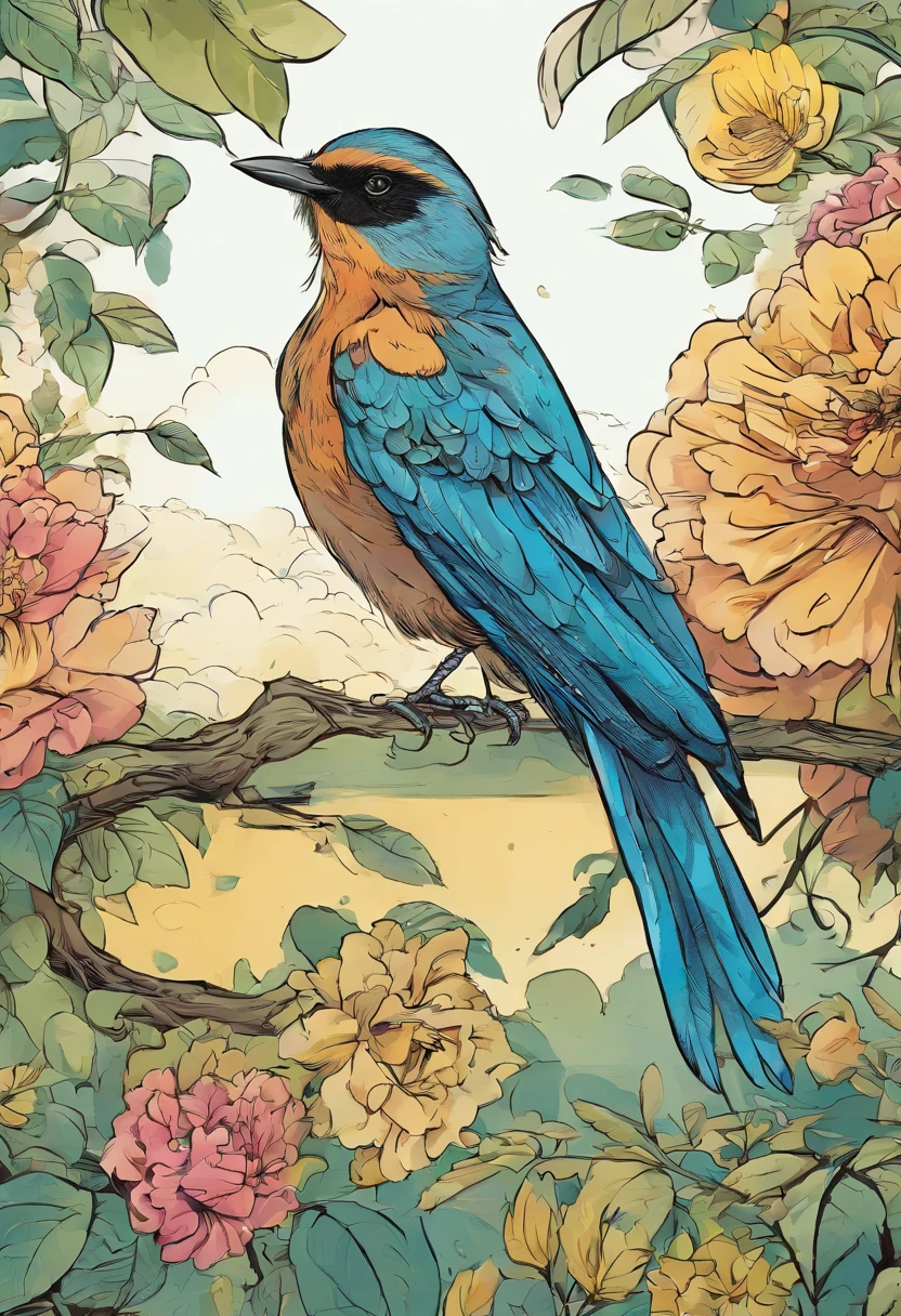 Illustration of a bird on top of a branch, The bird has blue feathers and is in a garden