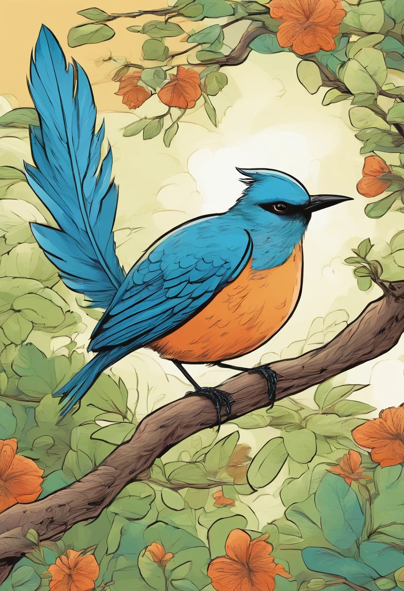 Illustration of a bird on top of a branch, The bird has blue feathers and is in a garden