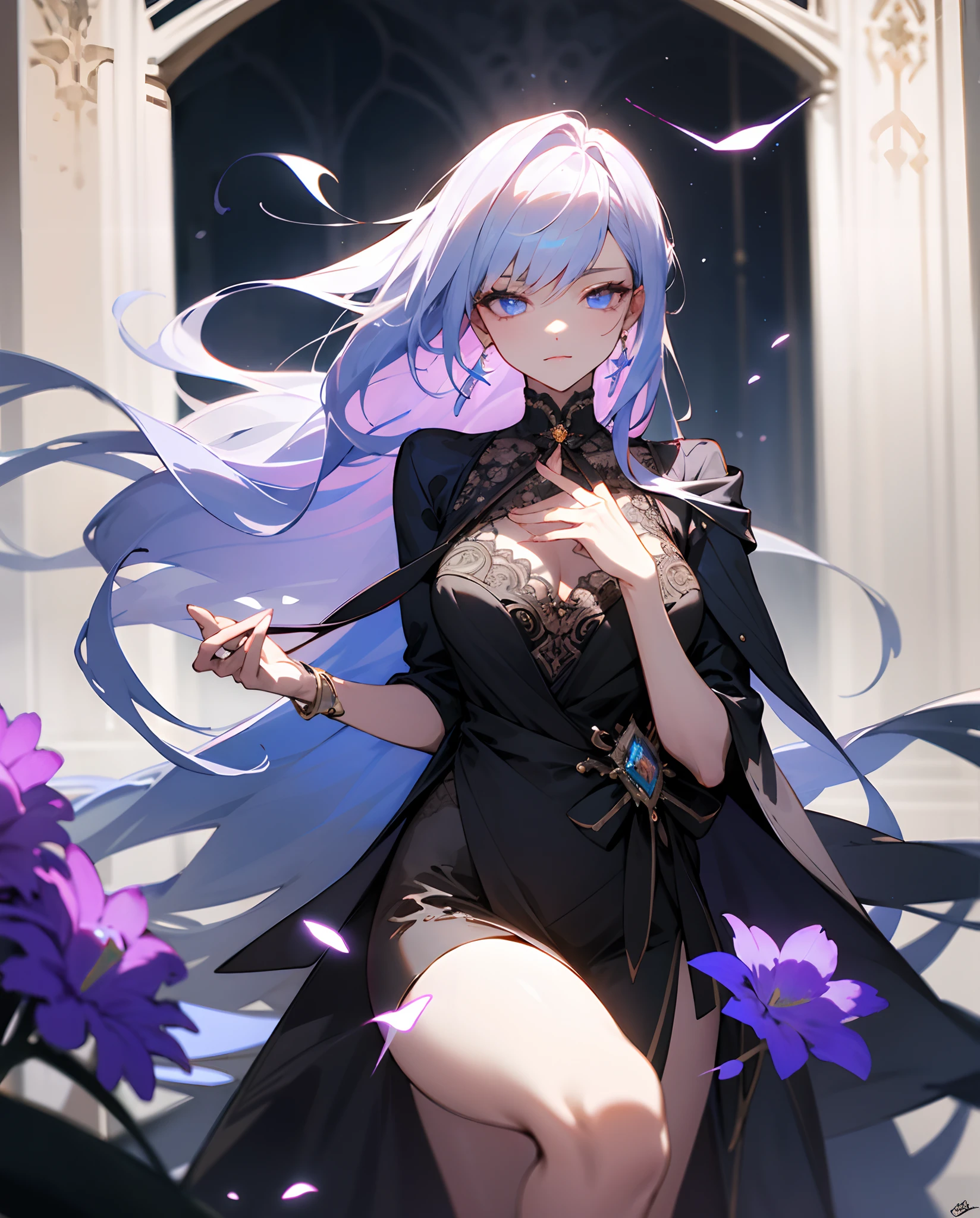 1girll, Long_Hair, Bright_Hair_Color, Seductive_Eyes, mysterious_expression, mature_Appearance, Glamorous_Outfit, Flowing_dress, elegant_jewelry, Intricate_decor, magic_sigature, Glowing_Accessories, potion, pergaminhos, Cute_accent, the bow, Ribbons, Flowers,