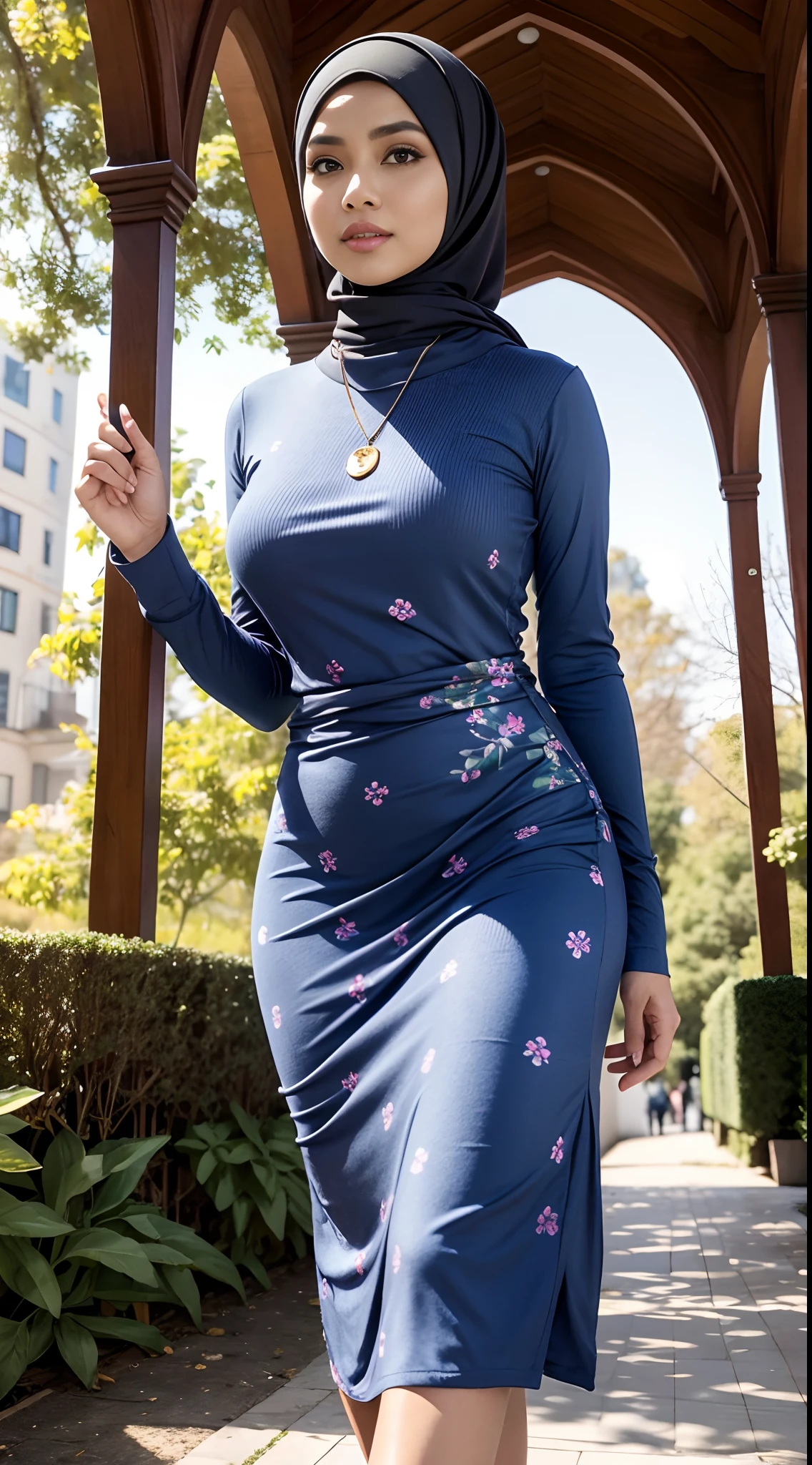 RAW, Best quality, high resolution, masterpiece: 1.3), beautiful Malay woman in hijab,wearing turtleneck dress, perfect slim fit body, (big breasts), big gorgeous eyes, Soft smile, Delicate turtleneck print sun dress, necklace, shairband, afternoon walk, City garden, Excellent lighting, Bright colors, Clean lines