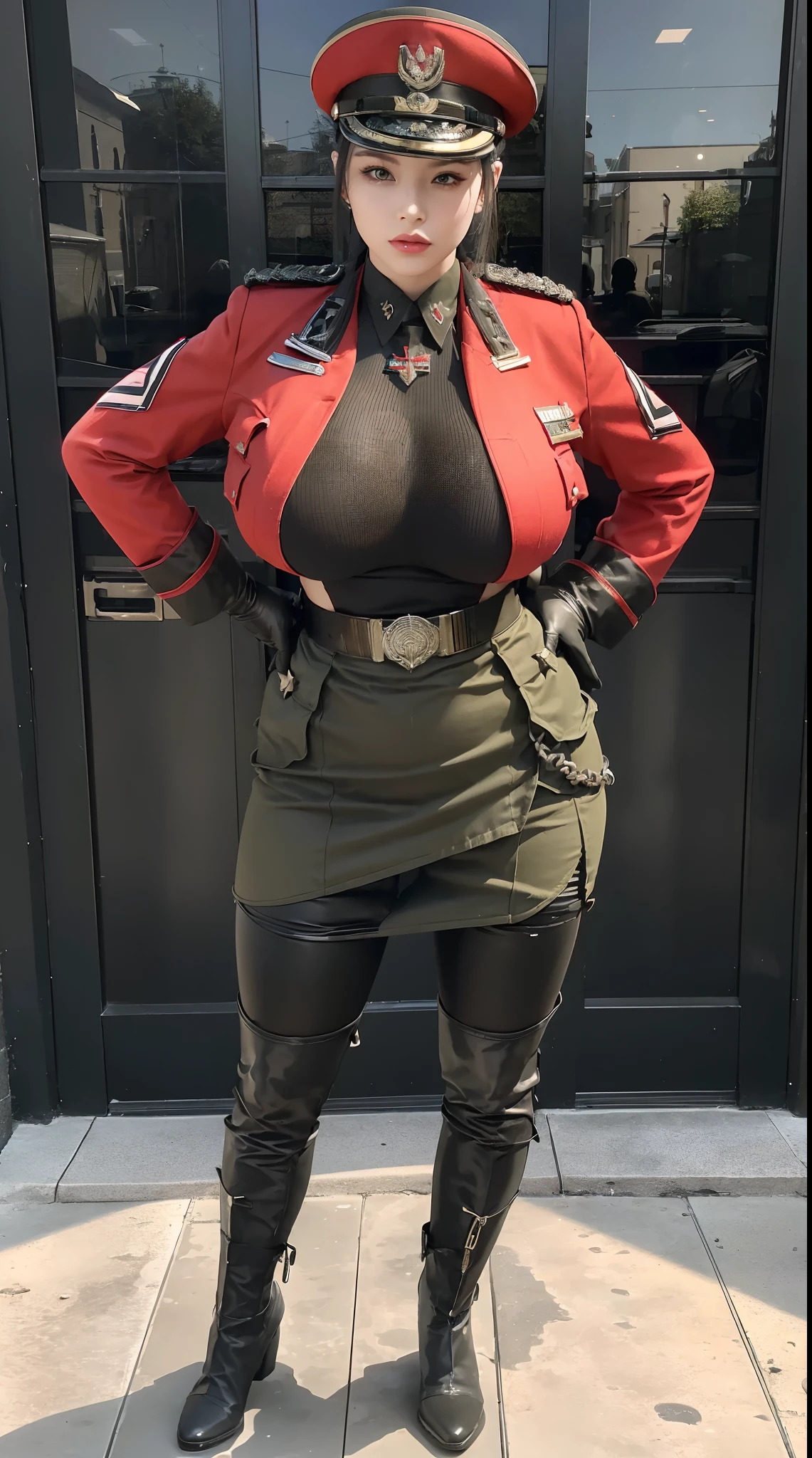 physically-based rendering, 1girl, Female soldier, (huge fake breasts:1.2), (street city), sexy muscular body, slim waist, big buttocks, (Full body:1.3), walking, (skintight army skirt), (red military uniform:1.3).