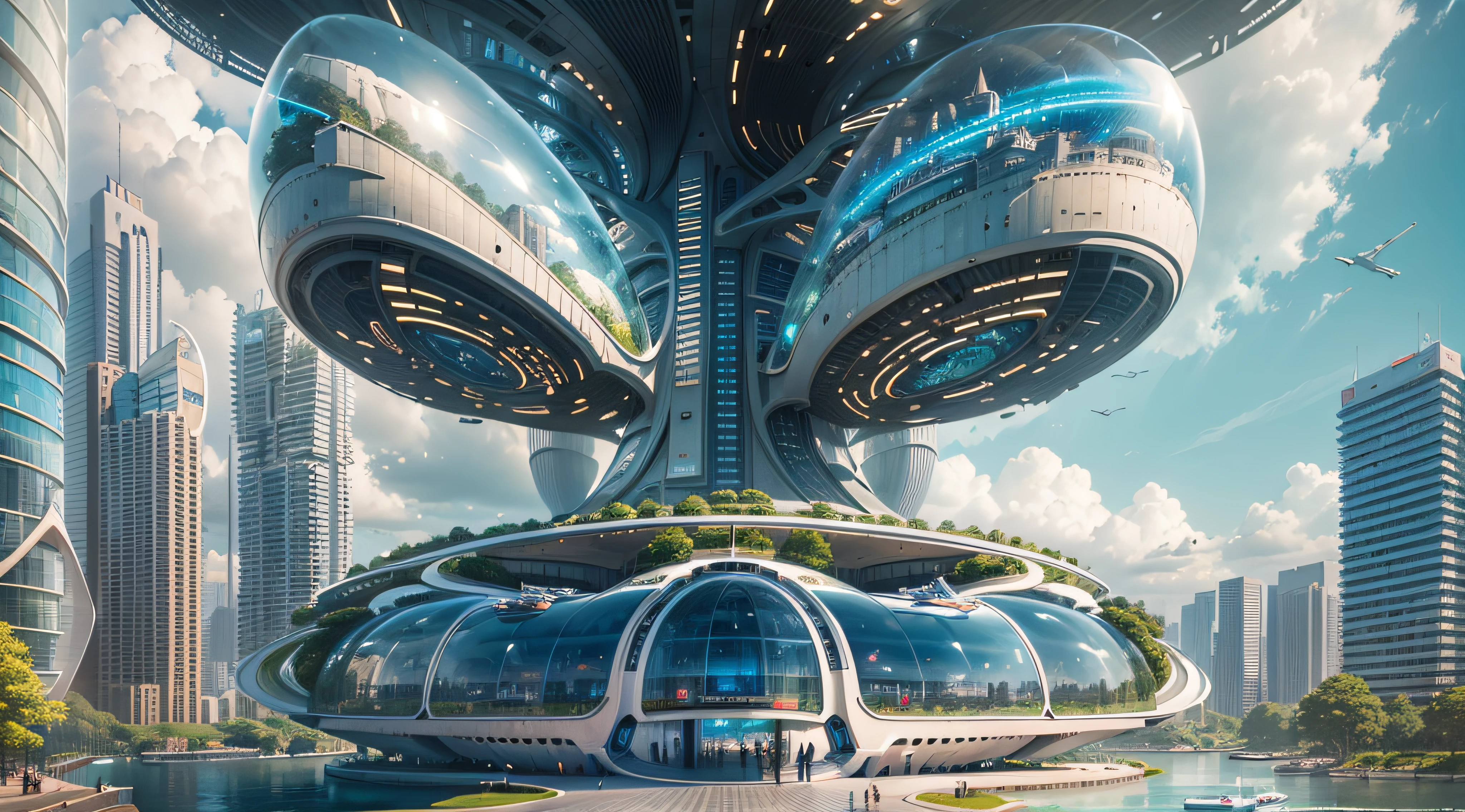 (Best quality,4K,8K,A high resolution,Masterpiece:1.2),Ultra-detailed,(Realistic,Photorealistic,photo-realistic:1.37),Futuristic floating city,Futuristic technology,Huge urban high-tech tablet platform,Airship,Floating in the sky,Futuristic city,Small airships around,High-tech hemispherical platform,Colorful lights,Advanced architecture,modernn architecture,skyscrapper,Access the cloud,Scenic beauty,view over city,Impressive design,Blend seamlessly with nature,energetic and vibrant atmosphere,Futuristic transportation system,Parking is suspended,Transparent path,Lush greenery,Sky gardens,cascading waterfalls,Magnificent skyline,reflections on the water,Sparkling river,Architectural innovation,futuristic skyscrapers,Transparent dome,The shape of the building is unusual,Elevated walkway,Impressive skyline,Glowing lights,Futuristic technology,Minimalist design,Scenic spots,Panoramic view,Cloud Piercing Tower,Vibrant colors,epic sunrise,epic sunset,Dazzling light display,magical ambiance,The future city,Urban Utopia,LuxuryLifestyle,Innovative energy,sustainable development,Smart city technology,Advanced infrastructure,Tranquil atmosphere,Nature and technology live in harmony,Awesome cityscape,Unprecedented urban planning,Architecture connects seamlessly with nature,High-tech metropolis,A cutting-edge engineering marvel,The future of urban living,Visionary architectural concept,Energy-efficient buildings,Harmony with the environment,A city floating above the clouds,Utopian dreams become reality,The possibilities are endless,State-of-the-art transportation network,Green energy integration,Innovative materials,Impressive holographic display,Advanced communication system,Breathtaking aerial view,Quiet and peaceful environment,Modernist aesthetics,Ethereal beauty