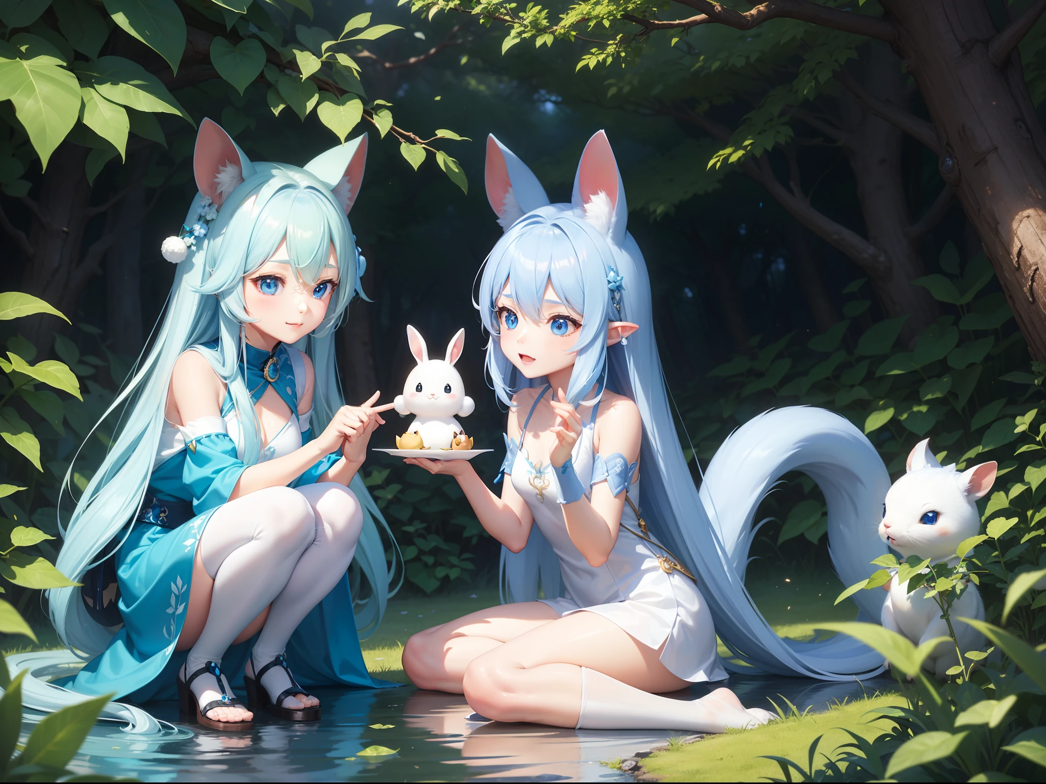 In the forest、There is a small white rabbit with long ears, White long ears、I'm with a pretty girl with long blue hair。It is a cute white and blue costume。I'm in a hot spring Dark eyes。cute forest creature, Cute mushrooms also grow、Adorable Digital Painting, cute detailed digital art, the squirrel king, Cute digital art, cute cartoon characters, cute character, CuteCreatures, official illustrations, Official art, squirrel, maplestory mouse, astri lohne, cute 3d render