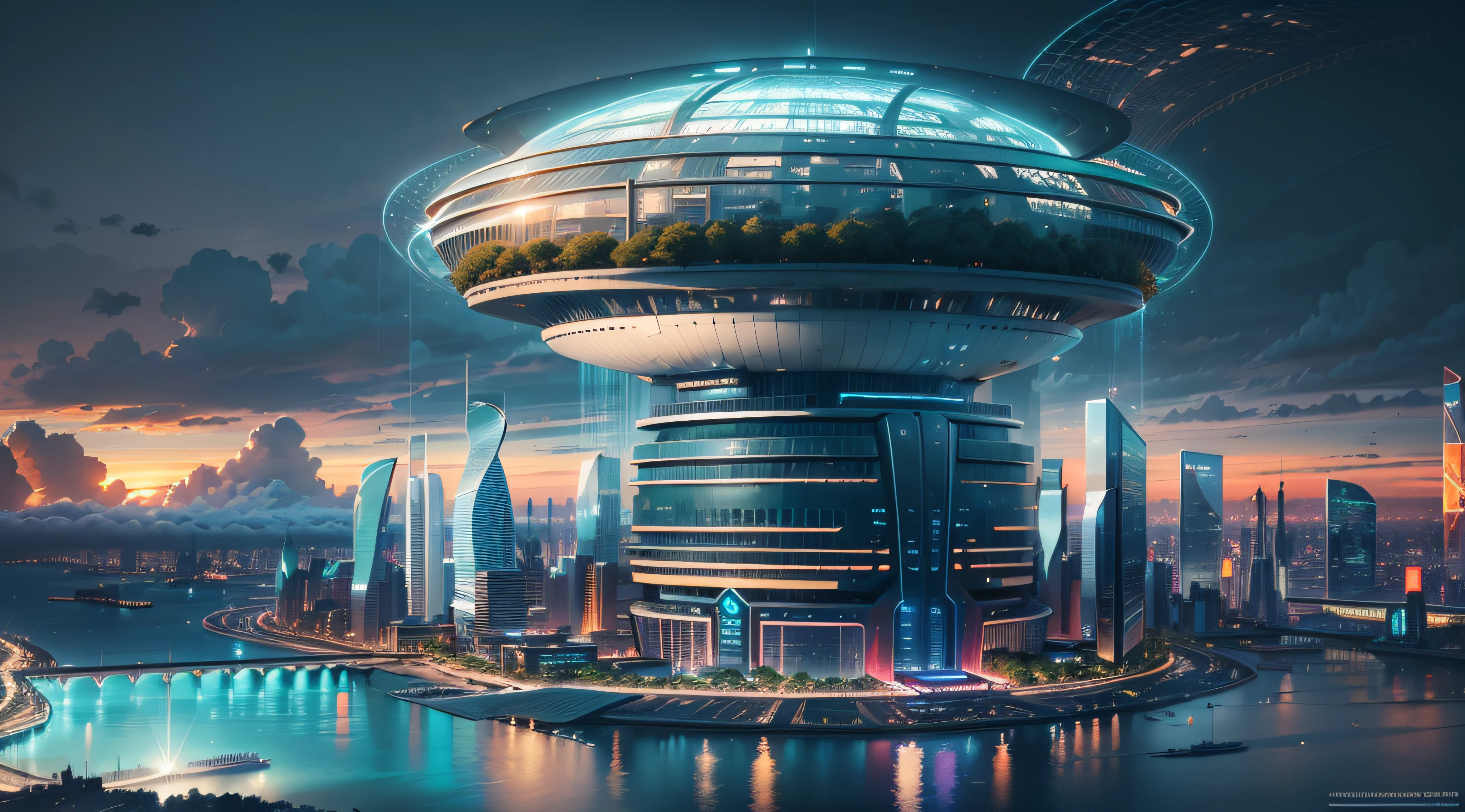 (Best quality,4K,8K,A high resolution,Masterpiece:1.2),Ultra-detailed,(Realistic,Photorealistic,photo-realistic:1.37),Futuristic floating city,Futuristic technology,Huge urban high-tech tablet platform,Airship,Floating in the sky,Futuristic city,Small airships around,High-tech hemispherical platform,Colorful lights,Advanced architecture,modernn architecture,skyscrapper,Access the cloud,Scenic beauty,view over city,Impressive design,Blend seamlessly with nature,energetic and vibrant atmosphere,Futuristic transportation system,Parking is suspended,Transparent path,Lush greenery,Sky gardens,cascading waterfalls,Magnificent skyline,reflections on the water,Sparkling river,Architectural innovation,futuristic skyscrapers,Transparent dome,The shape of the building is unusual,Elevated walkway,Impressive skyline,Glowing lights,Futuristic technology,Minimalist design,Scenic spots,Panoramic view,Cloud Piercing Tower,Vibrant colors,epic sunrise,epic sunset,Dazzling light display,magical ambiance,The future city,Urban Utopia,LuxuryLifestyle,Innovative energy,sustainable development,Smart city technology,Advanced infrastructure,Tranquil atmosphere,Nature and technology live in harmony,Awesome cityscape,Unprecedented urban planning,Architecture connects seamlessly with nature,High-tech metropolis,A cutting-edge engineering marvel,The future of urban living,Visionary architectural concept,Energy-efficient buildings,Harmony with the environment,A city floating above the clouds,Utopian dreams become reality,The possibilities are endless,State-of-the-art transportation network,Green energy integration,Innovative materials,Impressive holographic display,Advanced communication system,Breathtaking aerial view,Quiet and peaceful environment,Modernist aesthetics,Ethereal beauty