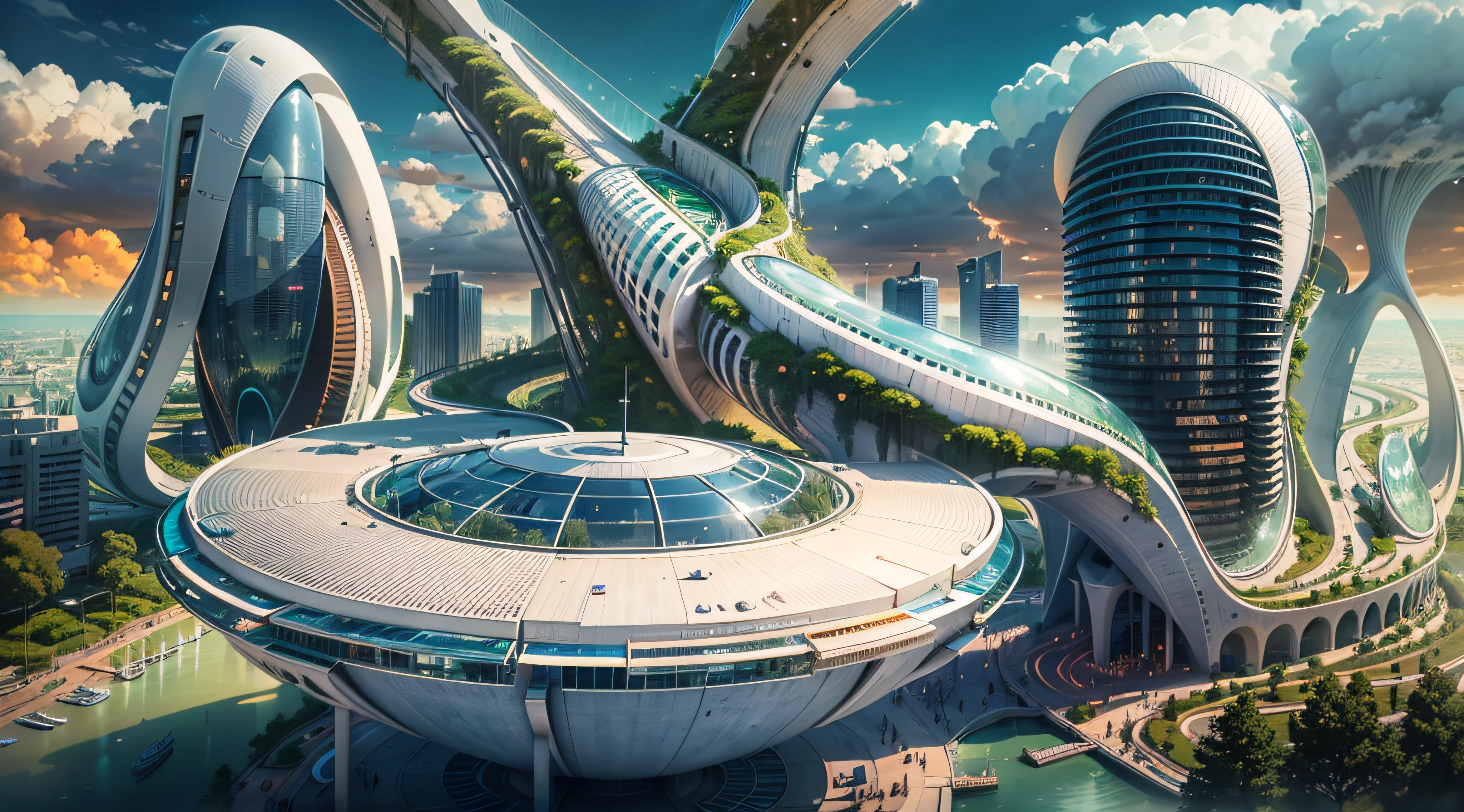 (Best quality,4K,8K,A high resolution,Masterpiece:1.2),Ultra-detailed,(Realistic,Photorealistic,photo-realistic:1.37),Futuristic floating city,Futuristic technology,Huge urban high-tech tablet platform,Airship,Floating in the sky,Futuristic city,Small airships around,High-tech hemispherical platform,Colorful lights,Advanced architecture,modernn architecture,skyscrapper,Access the cloud,Scenic beauty,view over city,Impressive design,Blend seamlessly with nature,energetic and vibrant atmosphere,Futuristic transportation system,Parking is suspended,Transparent path,Lush greenery,Sky gardens,cascading waterfalls,Magnificent skyline,reflections on the water,Sparkling river,Architectural innovation,futuristic skyscrapers,Transparent dome,The shape of the building is unusual,Elevated walkway,Impressive skyline,Glowing lights,Futuristic technology,Minimalist design,Scenic spots,Panoramic view,Cloud Piercing Tower,Vibrant colors,epic sunrise,epic sunset,Dazzling light display,magical ambiance,The future city,Urban Utopia,LuxuryLifestyle,Innovative energy,sustainable development,Smart city technology,Advanced infrastructure,Tranquil atmosphere,Nature and technology live in harmony,Awesome cityscape,Unprecedented urban planning,Architecture connects seamlessly with nature,High-tech metropolis,A cutting-edge engineering marvel,The future of urban living,Visionary architectural concept,Energy-efficient buildings,Harmony with the environment,A city floating above the clouds,Utopian dreams become reality,The possibilities are endless,State-of-the-art transportation network,Green energy integration,Innovative materials,Impressive holographic display,Advanced communication system,Breathtaking aerial view,Quiet and peaceful environment,Modernist aesthetics,Ethereal beauty