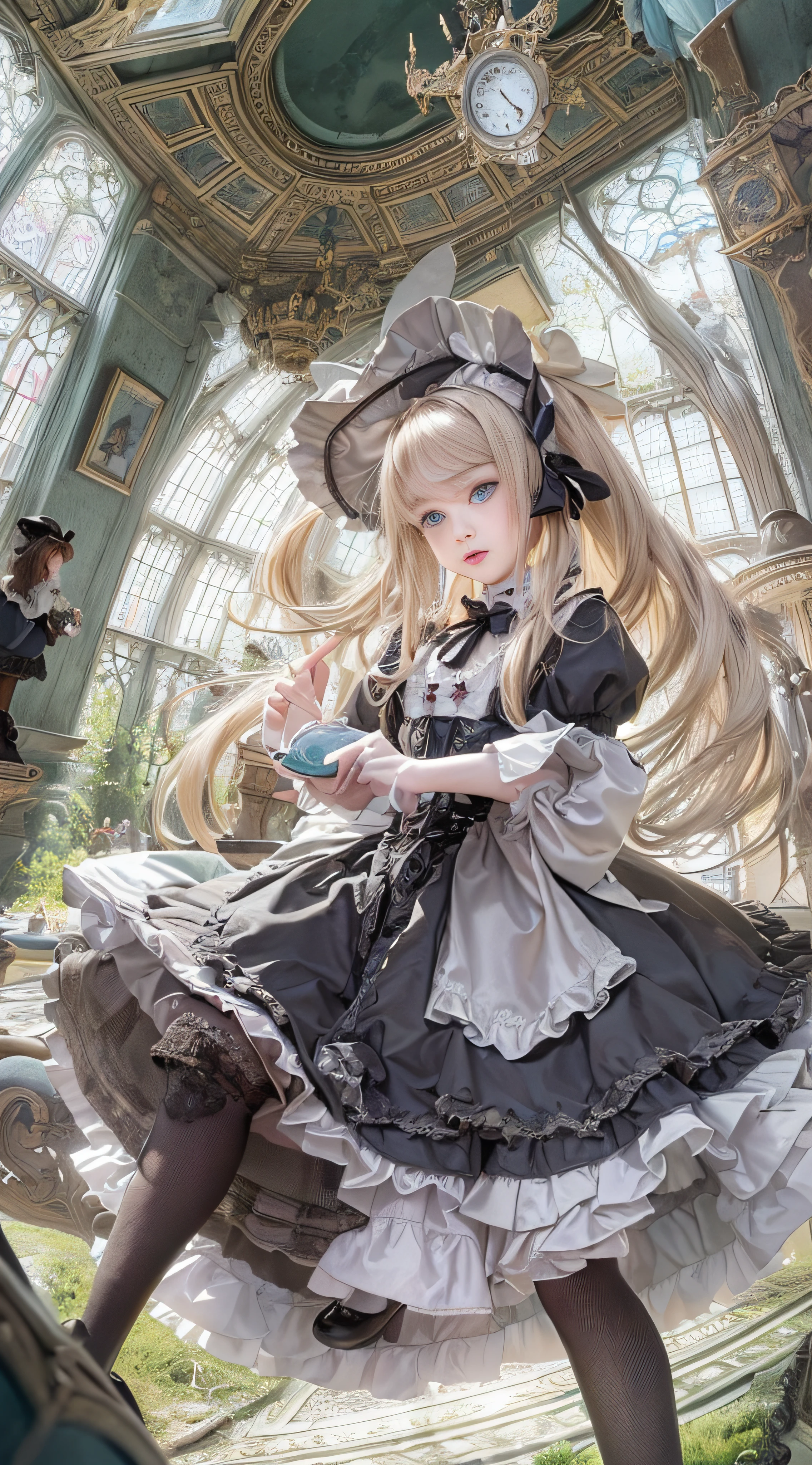 (((Masterpiece))), (((top quality))), (((top image quality))), (((ultra-realistic depiction))), (((Alice in Wonderland in Gothic ta fashion))), (((diorama worldview))), chasing a rabbit wearing a silk hat and holding a pocket watch.