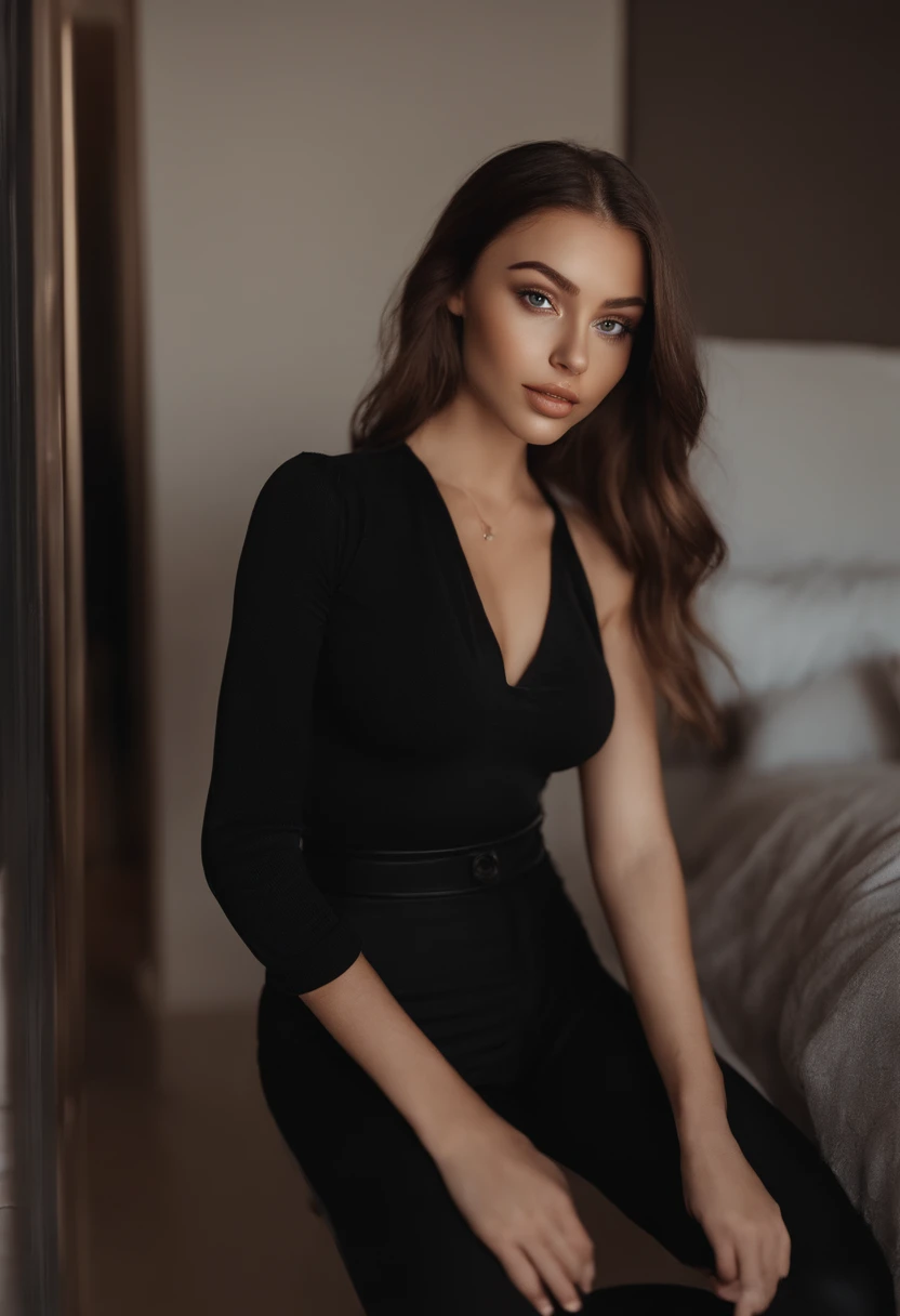arafed woman with black clothes, sexy girl with brown eyes, portrait sophie mudd, brown hair and large eyes, selfie of a young woman, bedroom eyes, violet myers, without makeup, natural makeup, looking directly at the camera, face with artgram, subtle makeup, stunning full body shot, in bedroom, cleavage