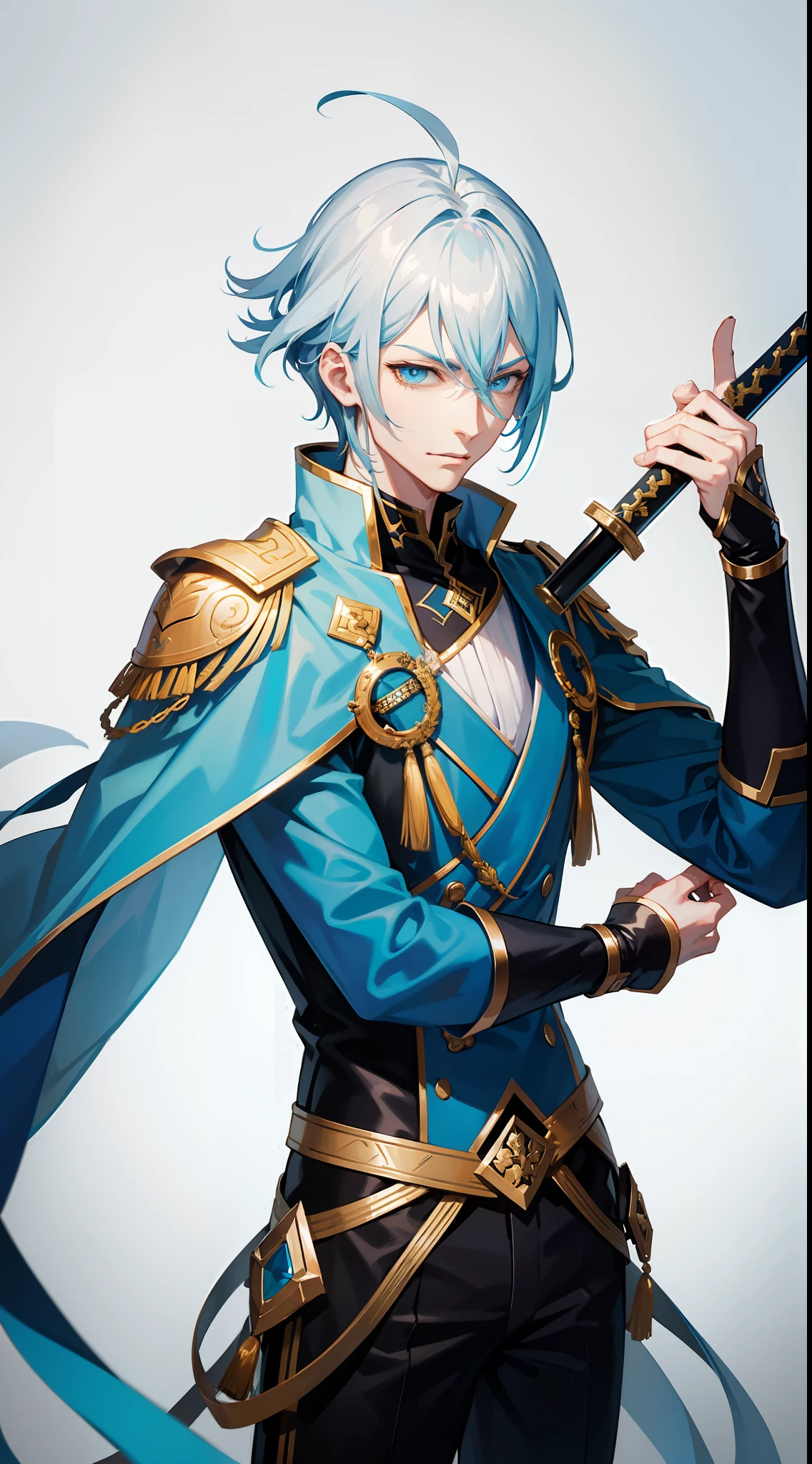 Tall guy, Silver hair squared, Cyan eyes, smirk, grace, Beautiful blue Chinese combat jacket, Gold Elements, black tight pants, Chinese Sword, Blue finch, Ling(Mobile Legends), hiquality, 4k, HD, Good detail