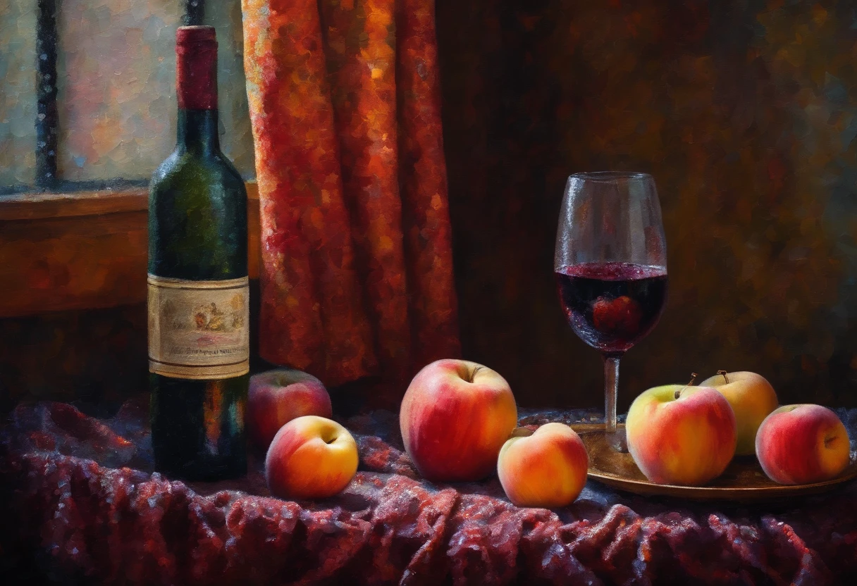 A red wine bottle and apples and peach on the table, a napkin and wine glass,  window lighting , background curtains, still life impasto painting , dark background,