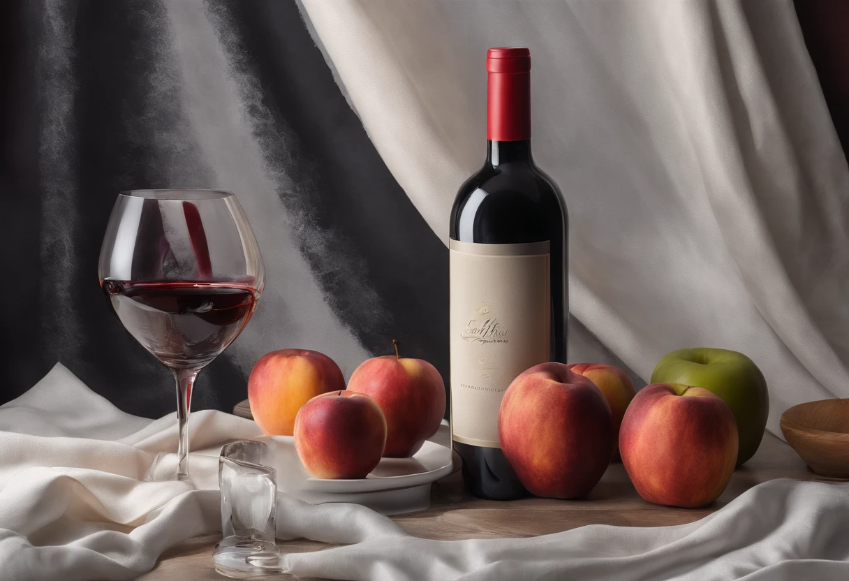 A red wine bottle and apples and peach on the table, a napkin and wine glass, window lighting , background curtains, still life impasto painting , dark background,