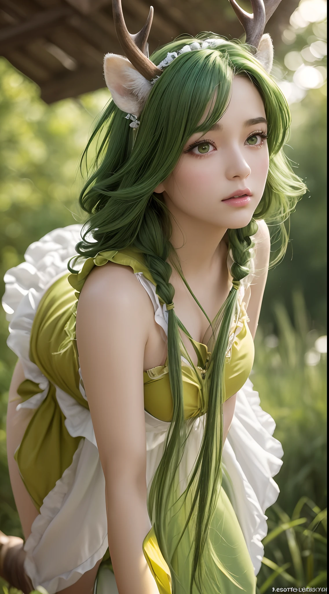 (Best quality,4K,8K,A high resolution,Masterpiece:1.2),Ultra-detailed,(Realistic,Photorealistic,photo-realistic:1.37),Bokeh,Green-haired beauty,Vertical yellow pupils,deer antlers,maid costume,Soft lighting,Bending over,Playful and elegant,Sharp focus,Super detailed,Ethereal,Landscape painting,Vibrant colors,Soft lighting