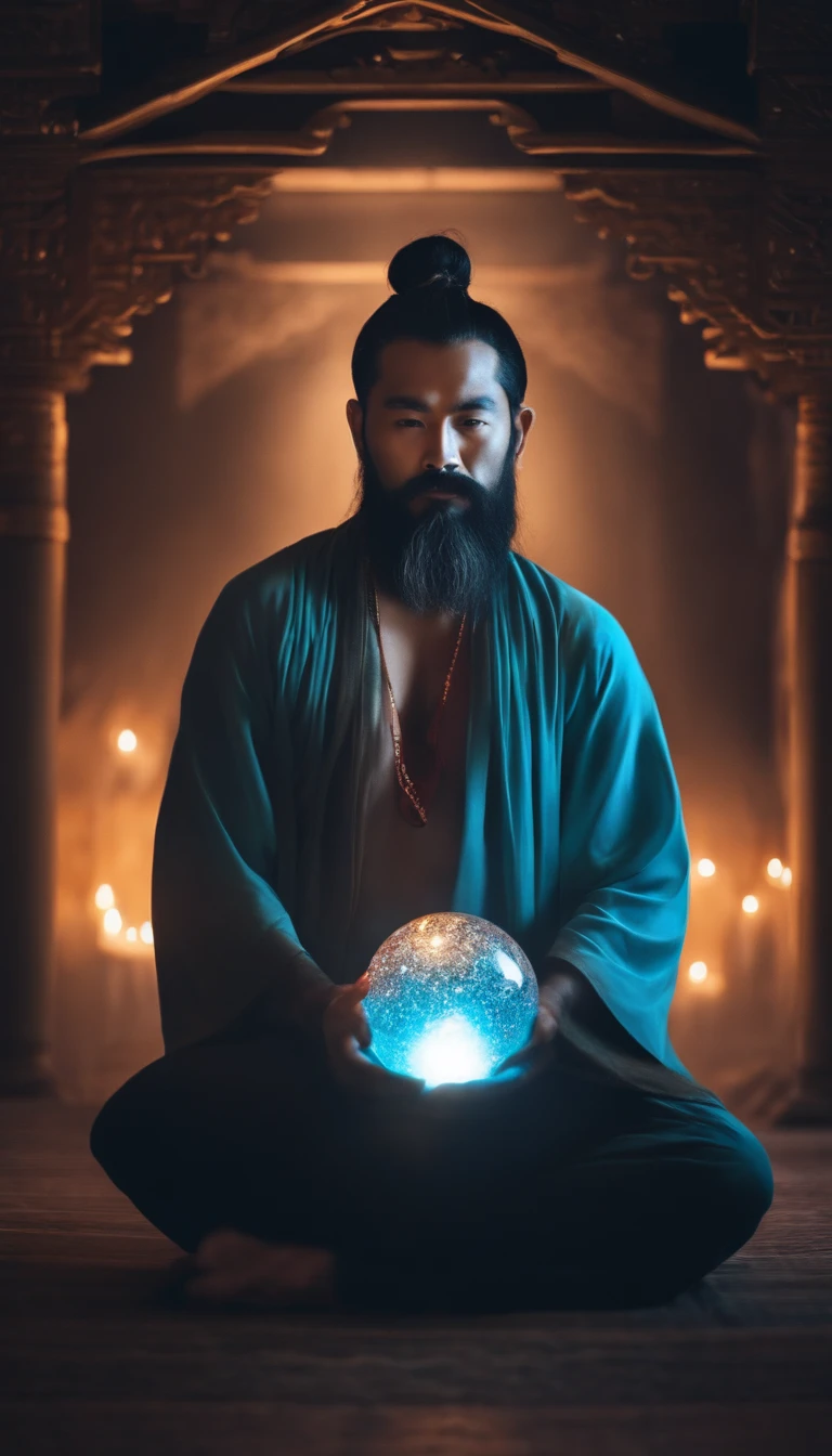 35 year old middle aged asian man,Long whit hair,long beard,Holding a large glowing sphere in both hands,staring directly at camera,Cross-legged meditate, at centre,Clear facial features,Very bright colors, light Particle, with light glowing, Mushiv, Wallpaper Art, UHD Wallpapers, Glamorous background
