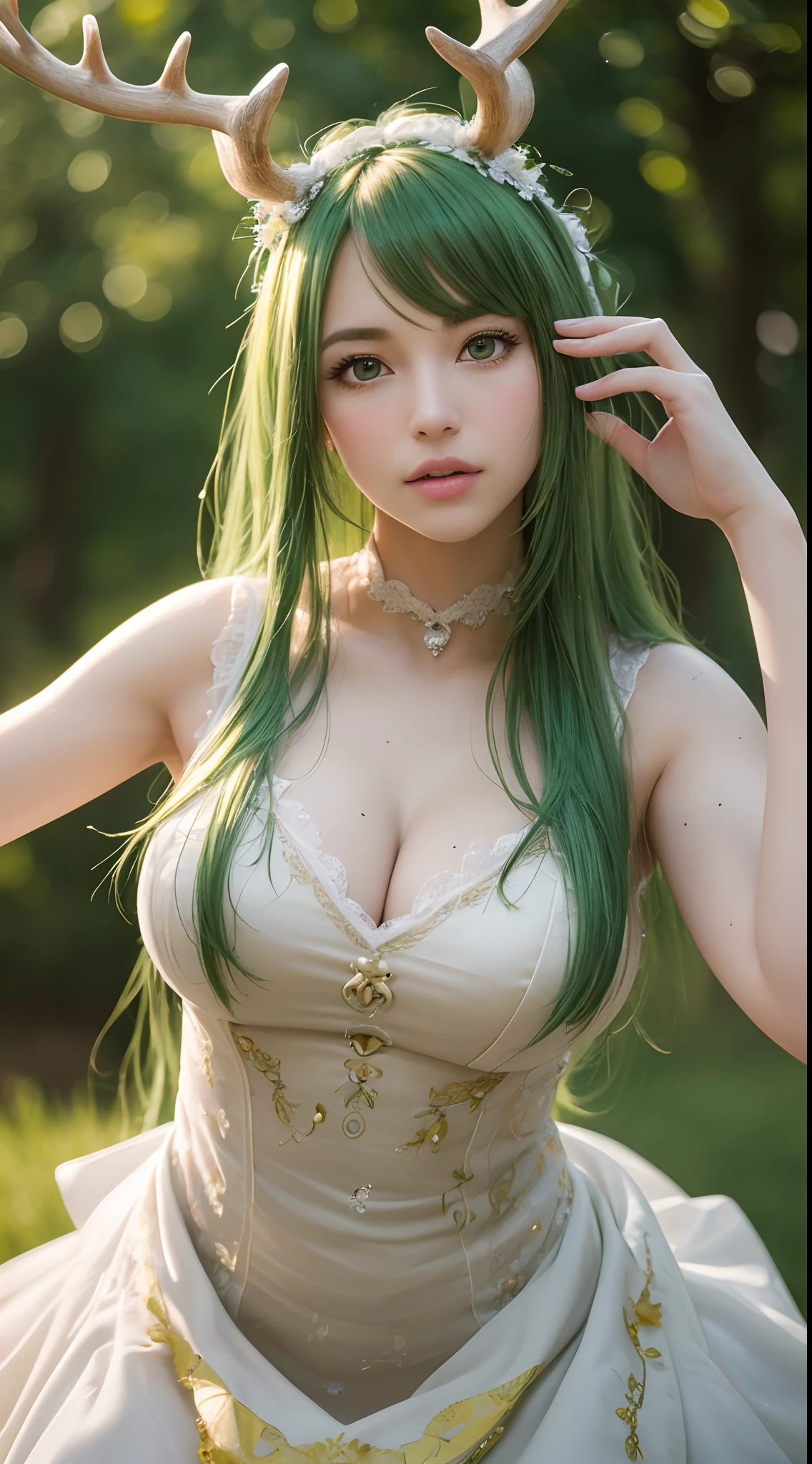 (Best quality,4K,8K,A high resolution,Masterpiece:1.2),Ultra-detailed,(Realistic,Photorealistic,photo-realistic:1.37),Bokeh,Green-haired beauty,Vertical yellow pupils,deer antlers,maid costume,Soft lighting,Bending over,Playful and elegant,Sharp focus,Super detailed,Ethereal,Landscape painting,Vibrant colors,Soft lighting