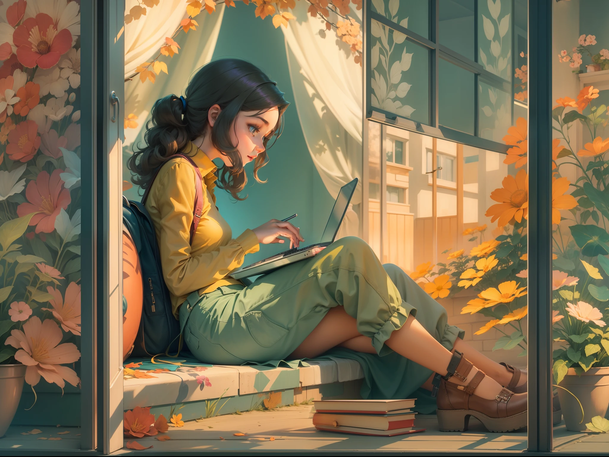 Girl sitting by window and typing, Working on a laptop, 2D Styles, Art deco, masutepiece, bright colour