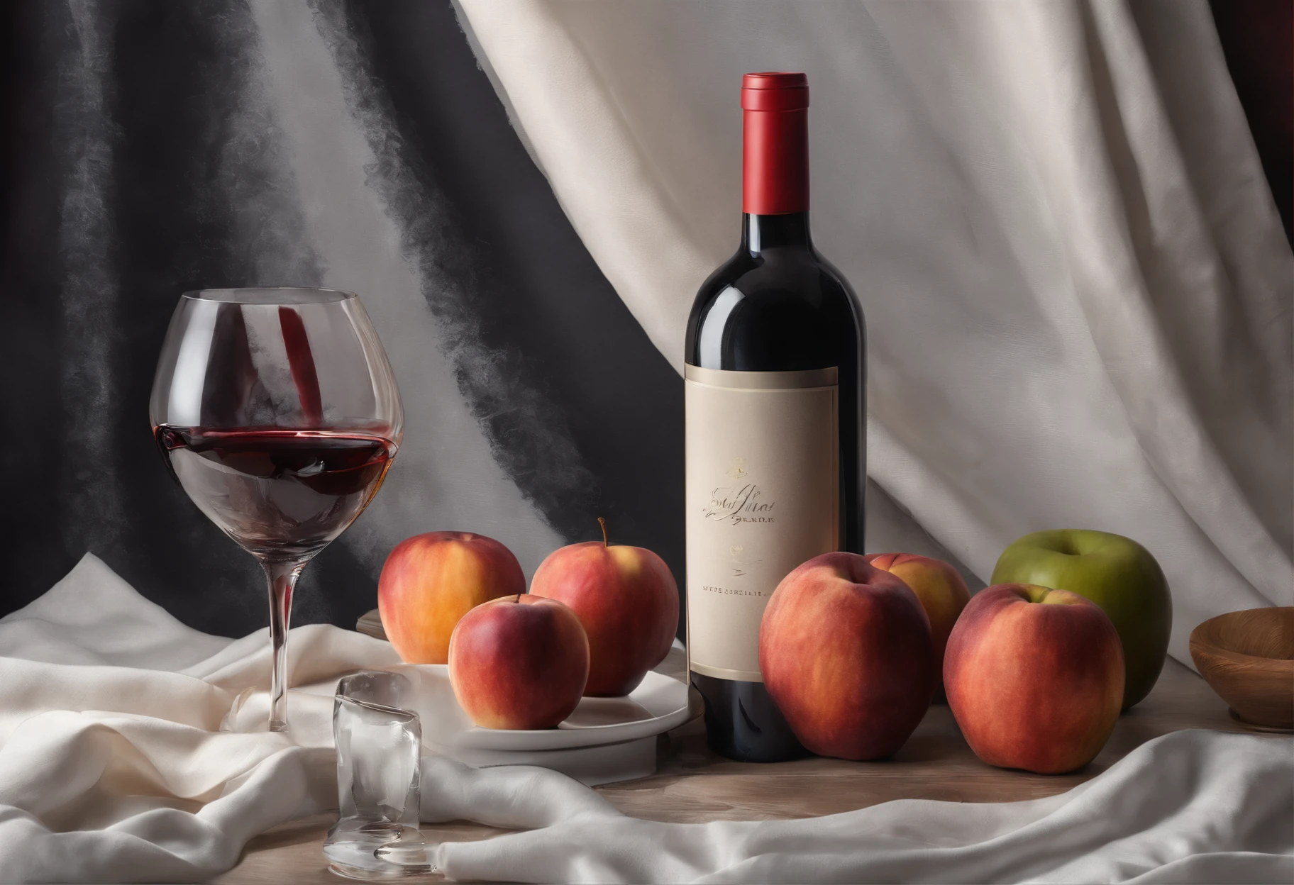 A red wine bottle and apples and peach on the table, a napkin and wine glass, window lighting , background curtains, still life impasto painting , dark background,