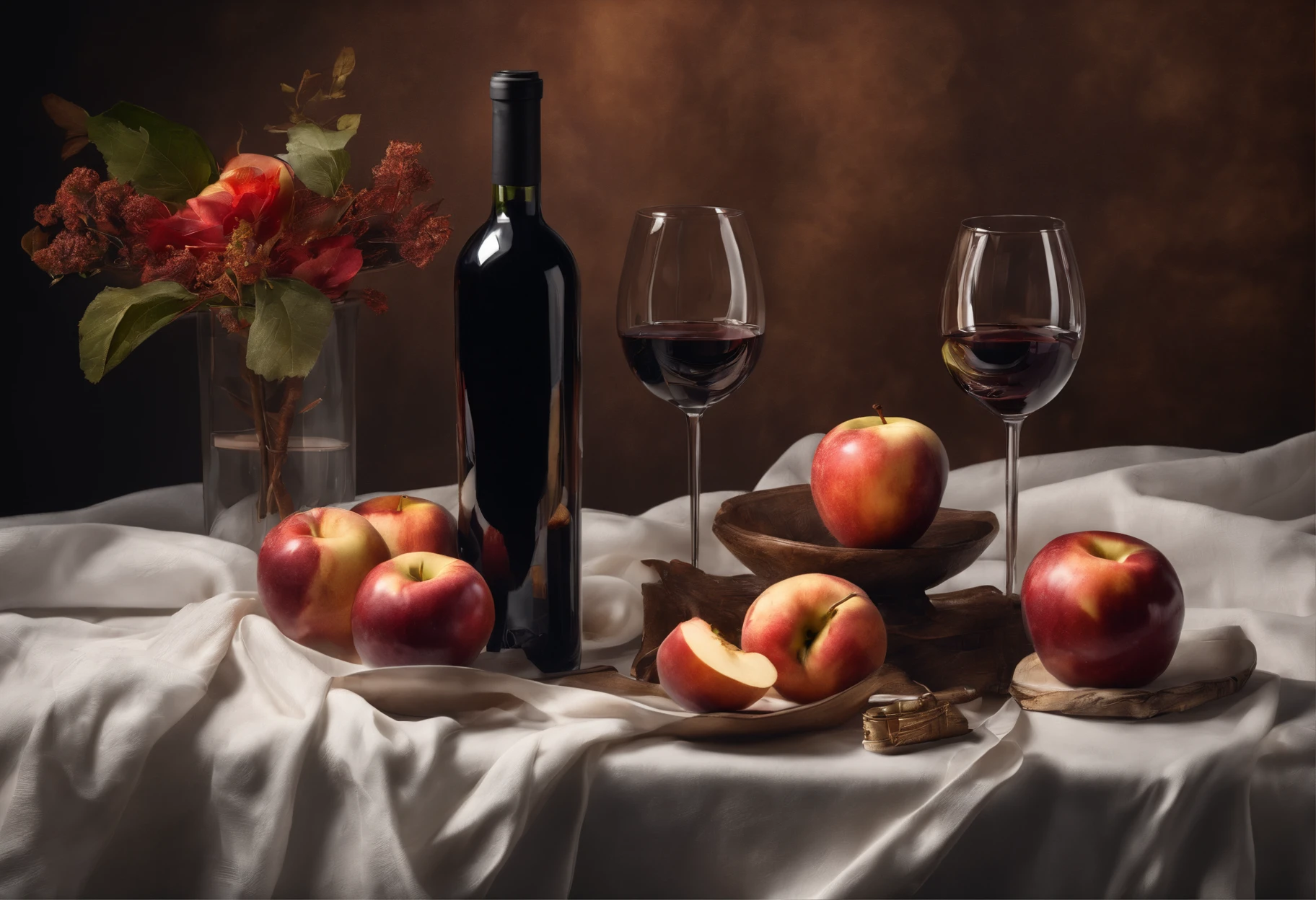 A red wine bottle and apples and peach on the table, a napkin and wine glass, window lighting , background curtains, still life impasto painting , dark background,