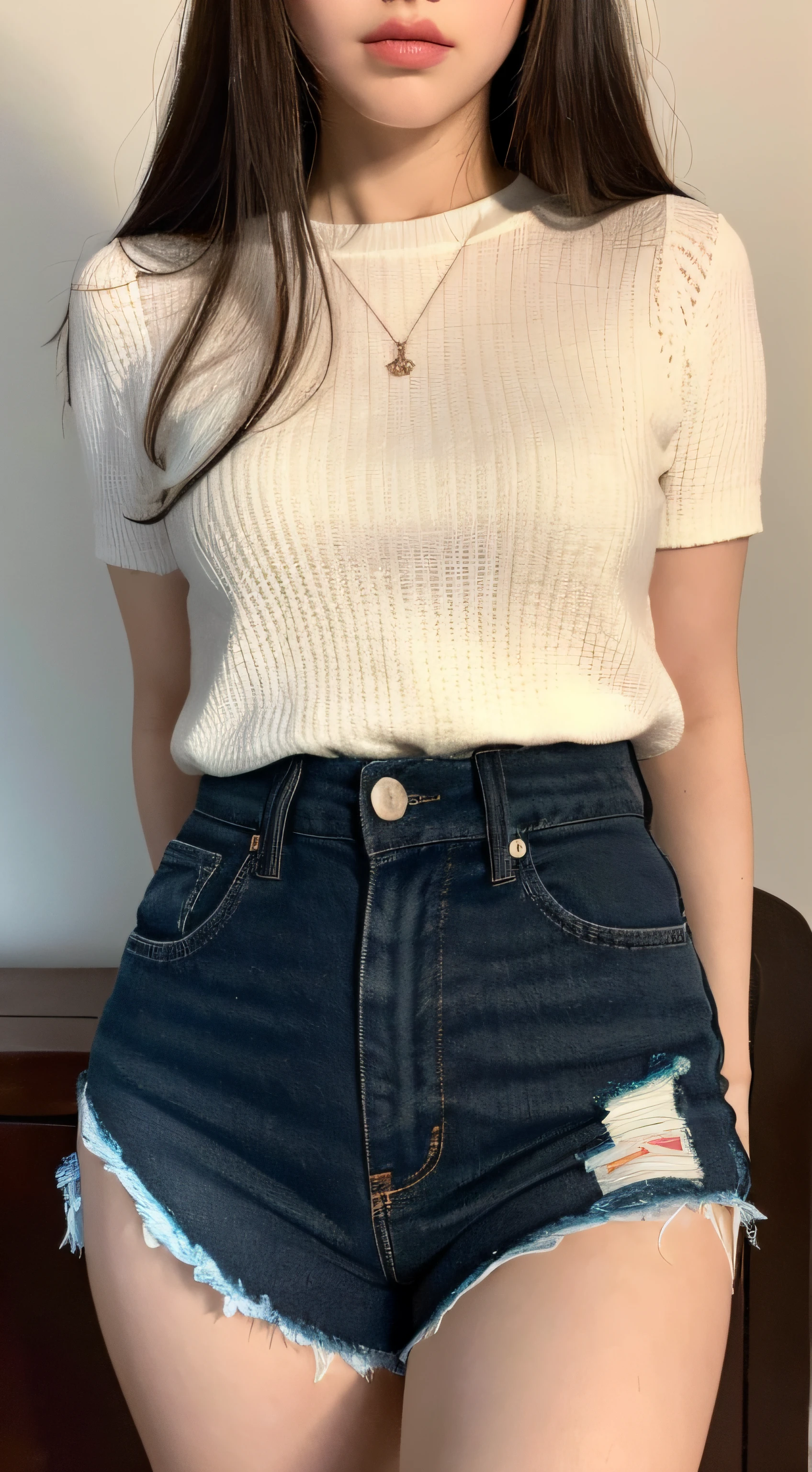 (Top quality, 8k, Masterpiece: 1.3), she is a lovely lady with a perfect figure: 1.4, dark brown hair, torn shorts, sleeping in bedroom, very detailed face and skin, fine eyes, double eyelids, puffy eyes, detailed eyes, bangs, long hair,