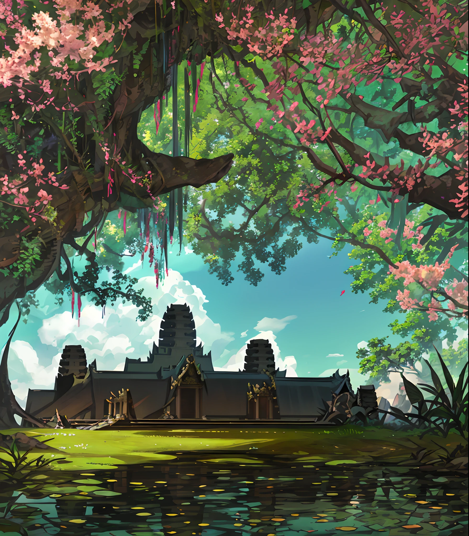 Khmer temple, angkor wat,spring, jungle, lake, cave, waterfall, tree, (illustration: 1.0), epic composition, realistic lighting, HD details, masterpiece, best quality, (very detailed CG unified 8k wallpaper)